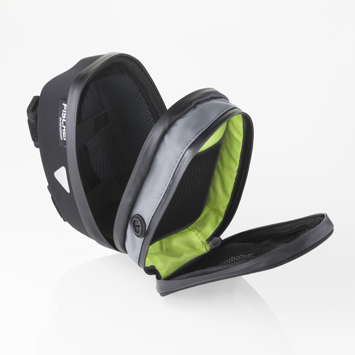 Bolsa de bicicleta negra y gris con compartimentos abiertos e interior verde lima.