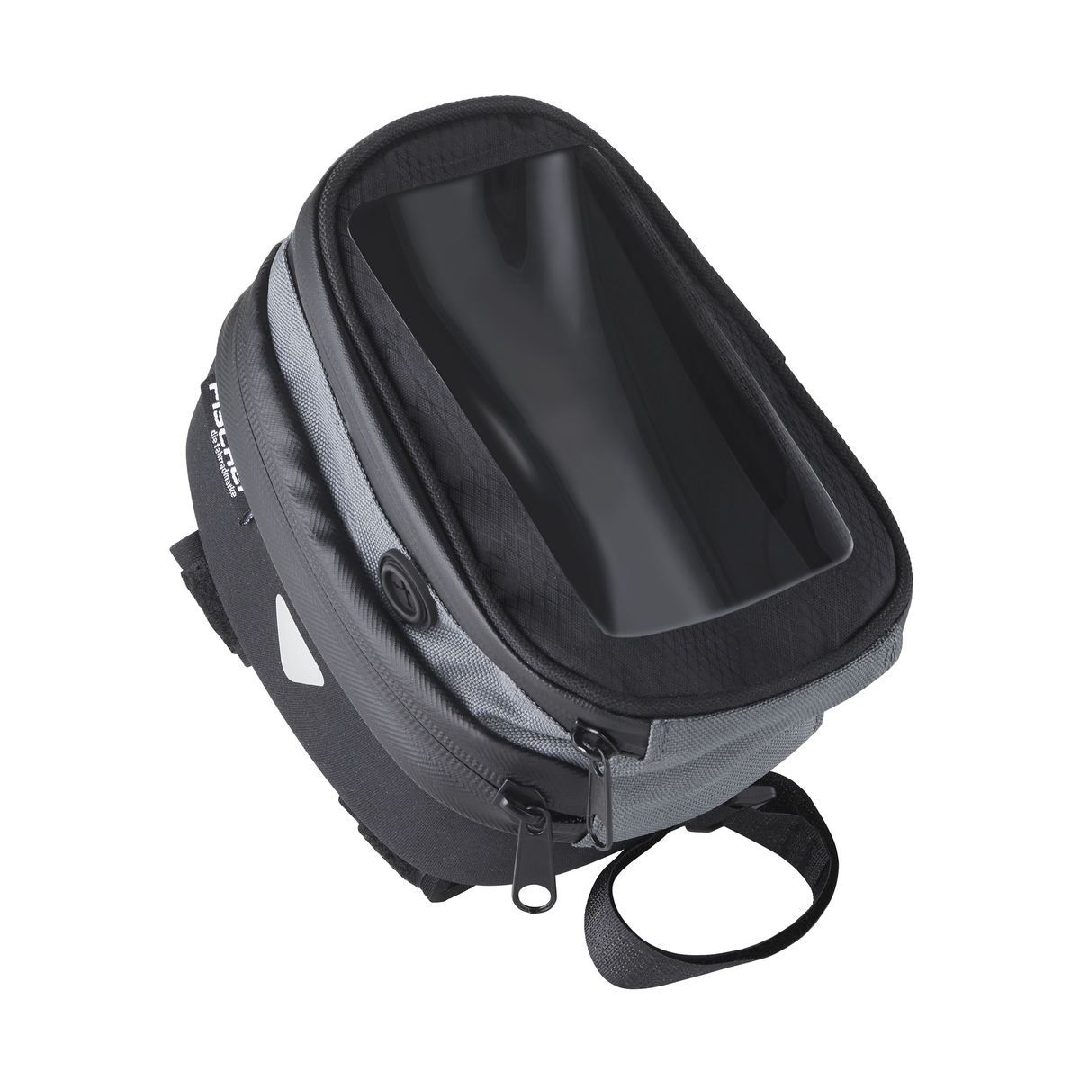 Bolsa de depósito negra para motocicleta. Parte superior transparente, cierre de cremallera, correas visibles.