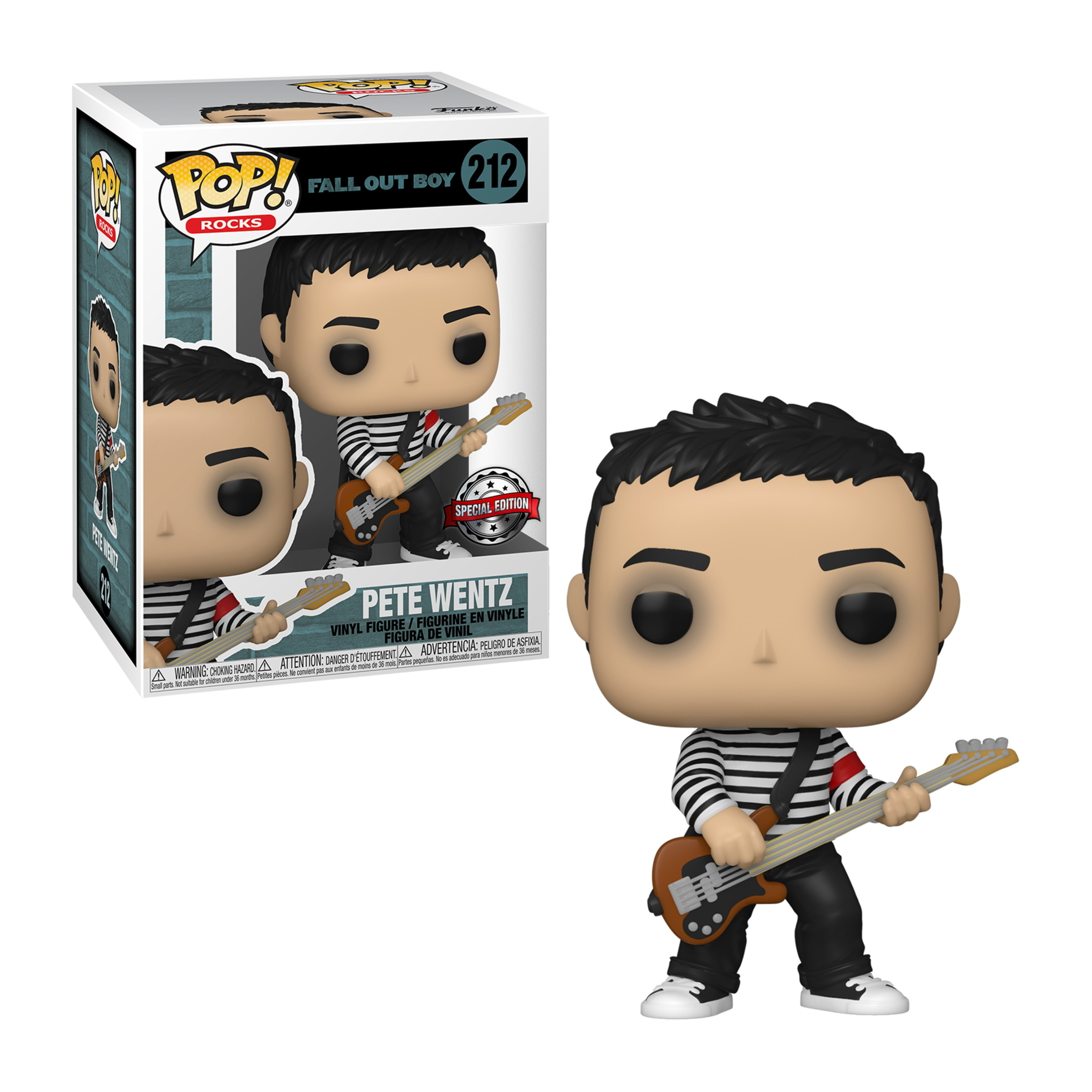 Pete Wentz Figur mit schwarz-weiß gestreiftem Hemd, Gitarre und schwarzer Hose. Box im Hintergrund.