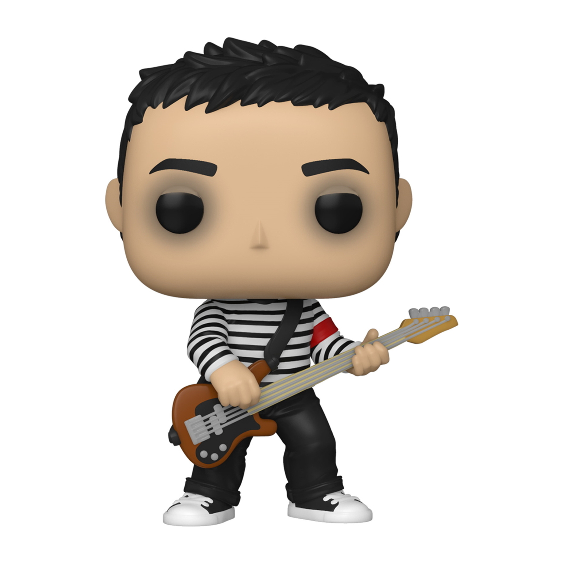 Funko Pop eines Mannes mit schwarzen Haaren, der eine Gitarre hält. Schwarz-weiß gestreiftes Hemd. Schwarze Hose.