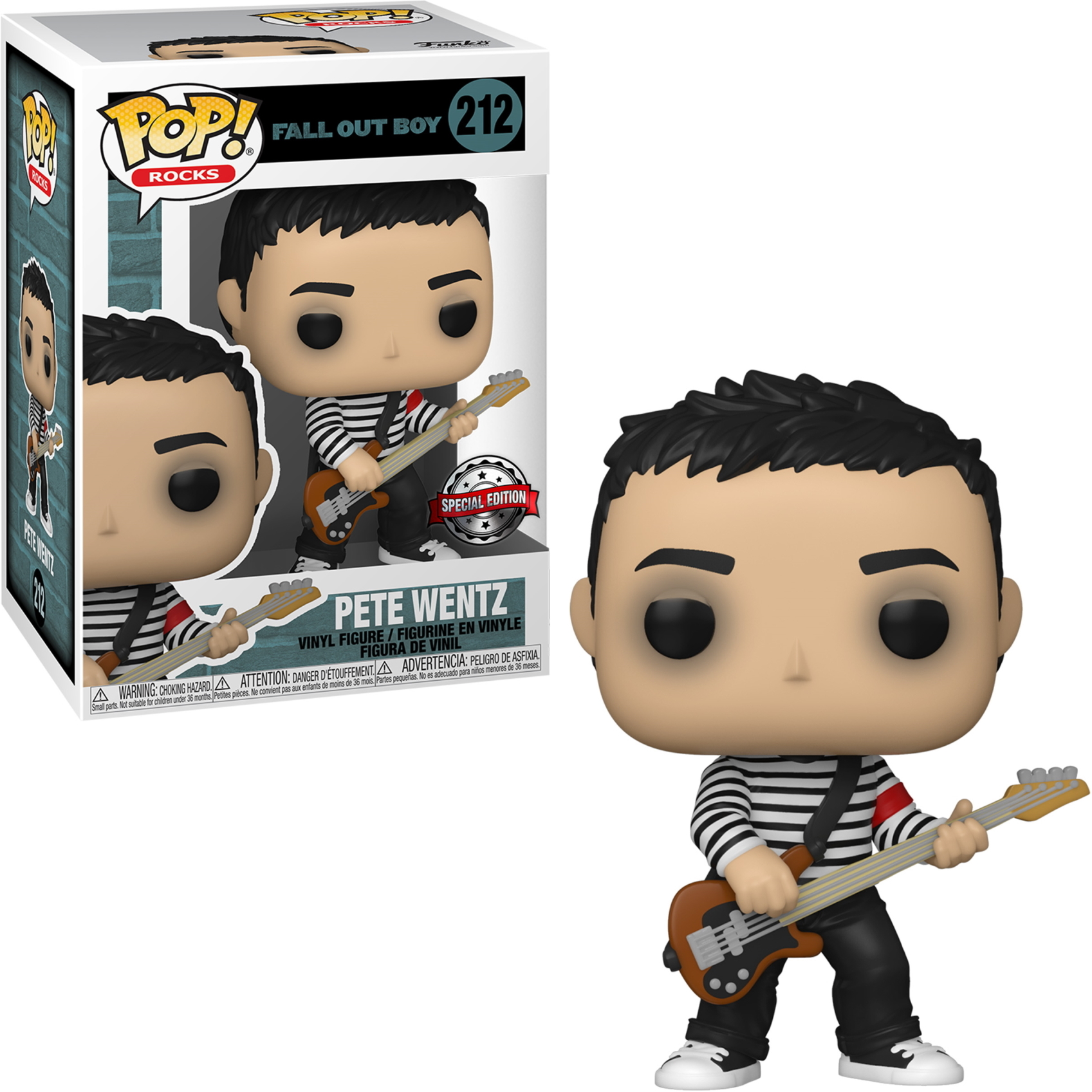 Pete Wentz Funko Pop Figur spielt Bassgitarre, trägt ein gestreiftes Hemd, schwarze Hose und hat schwarze Haare, mit Box.