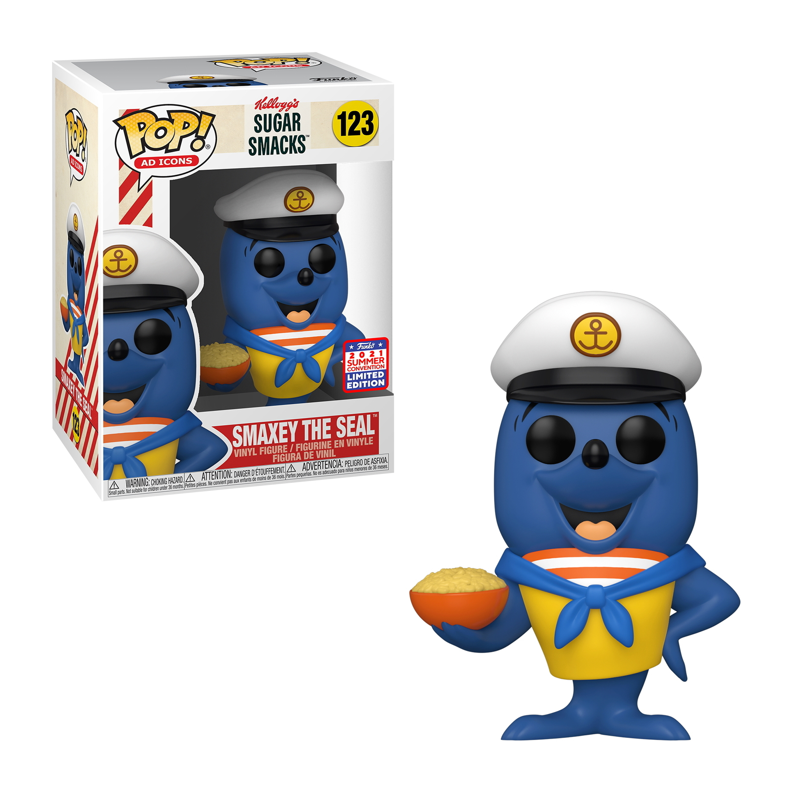 Smakey the Seal Figur. Blauer Seehund mit Matrosenmütze und einer Schüssel Müsli. Box im Hintergrund.