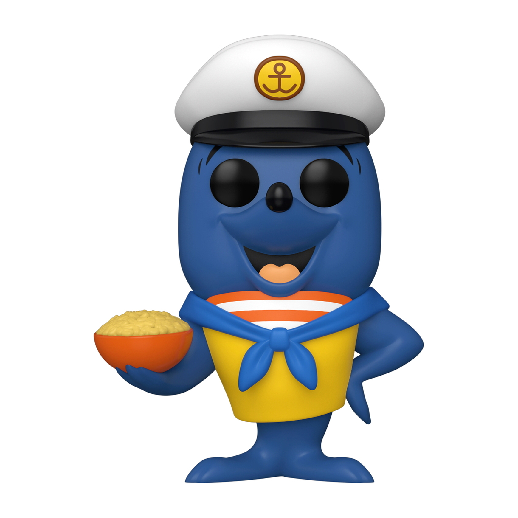 Eine Funko Pop Figur eines blauen Seehunds in Matrosenkleidung, der eine Schüssel Popcorn hält.