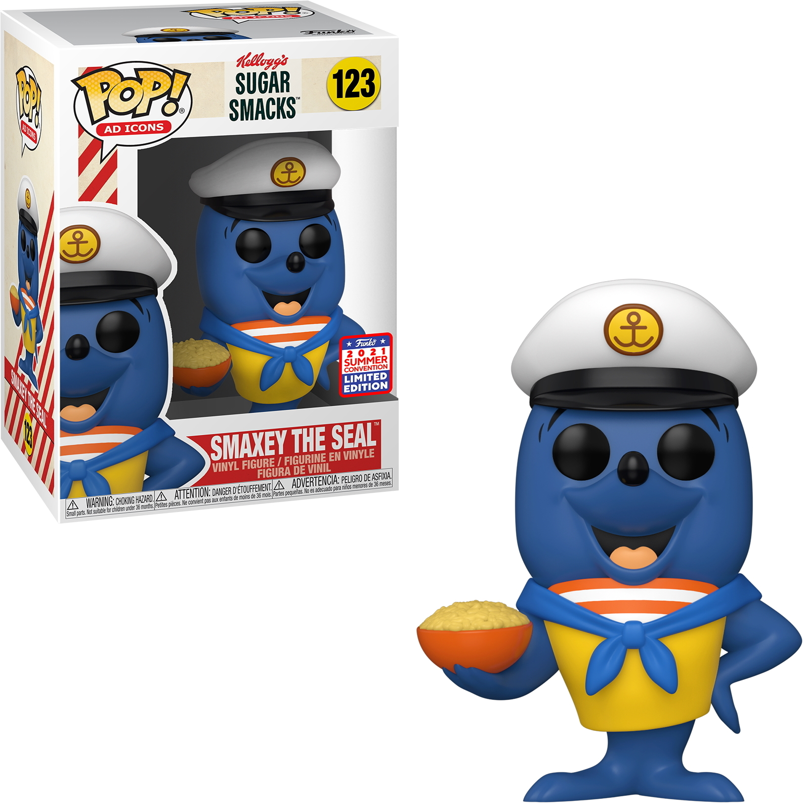 Funko Pop! Figur eines blauen Seehunds, der eine Schüssel Müsli hält. Die Box ist im Hintergrund sichtbar.