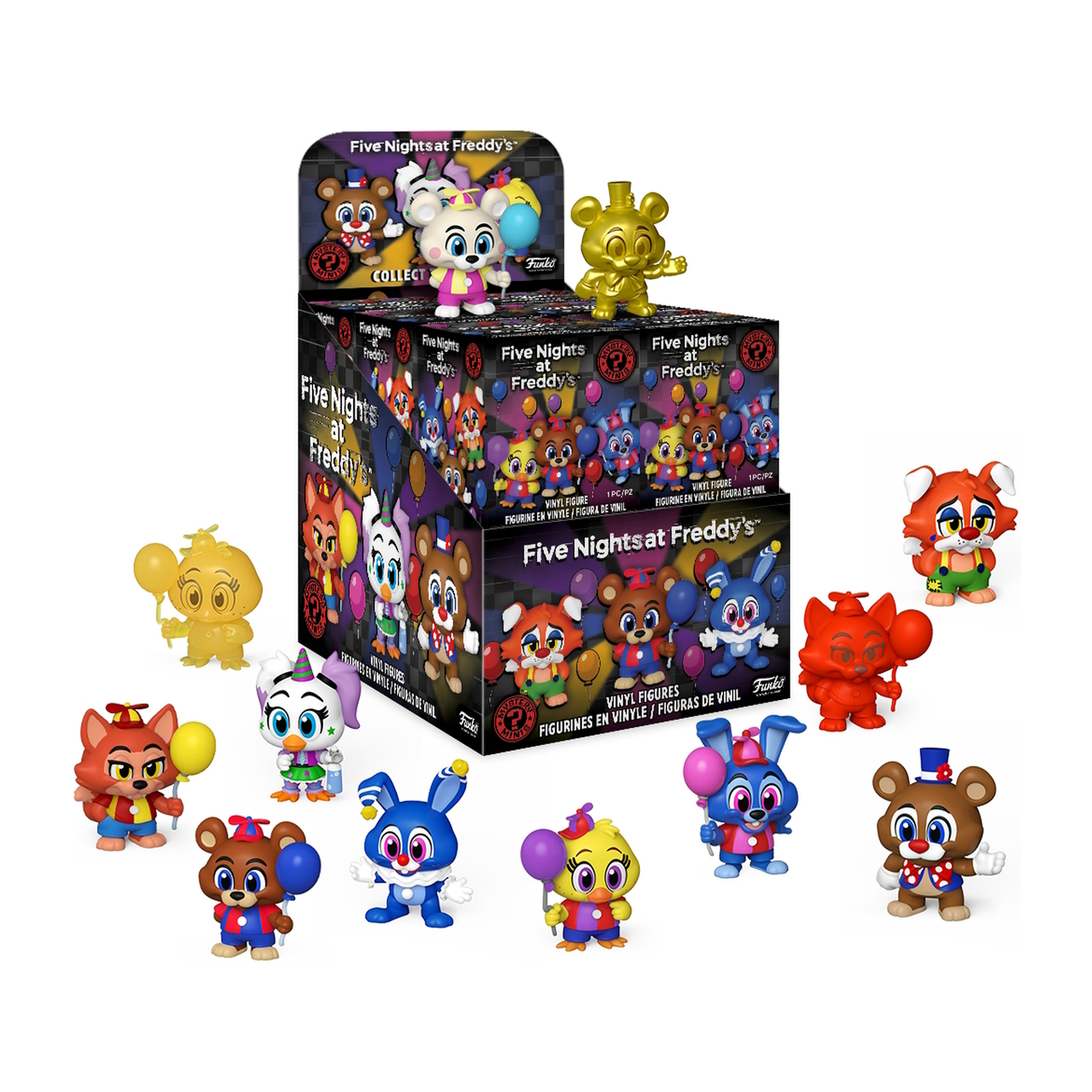 Eine Displaybox mit mehreren Five Nights at Freddy's Figuren. Verschiedene Charaktere sind vorhanden, einige halten Ballons.