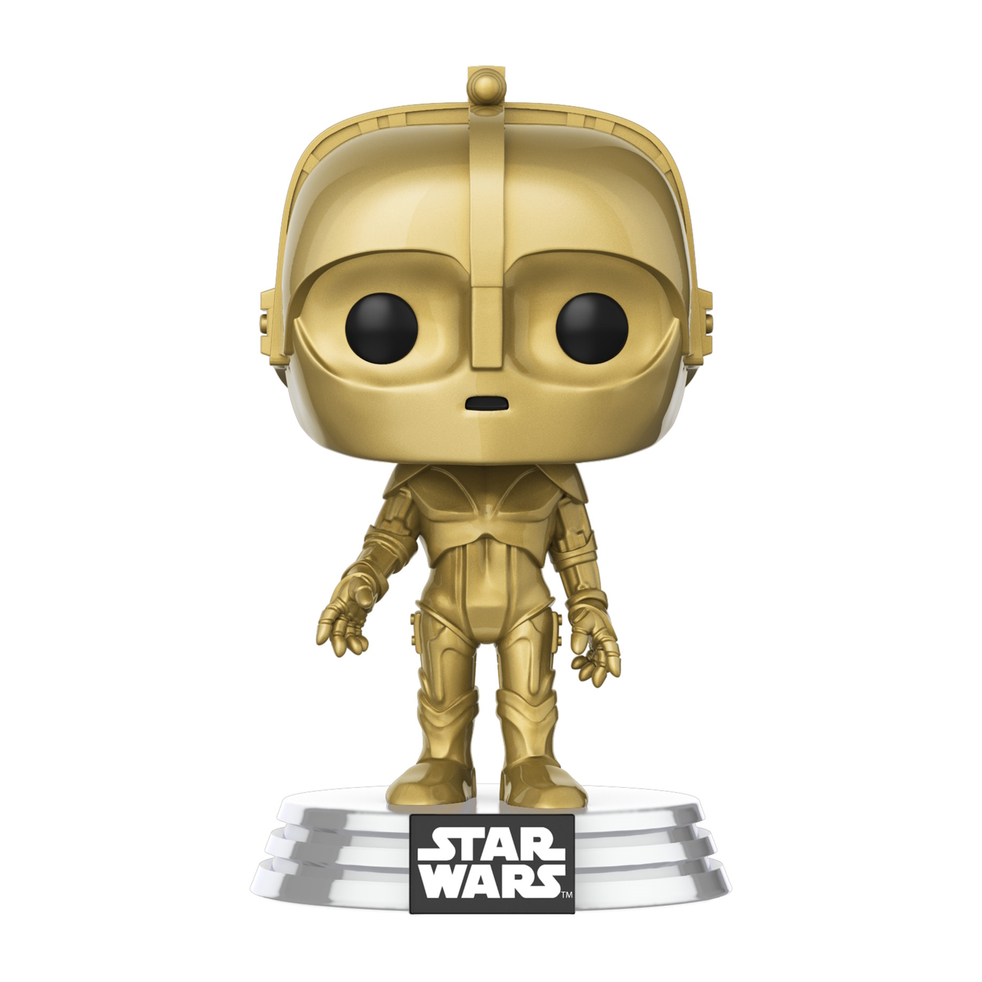 Goldene C-3PO Figur auf silberner Basis mit STAR WARS Logo. C-3PO hat schwarze Augen und steht.