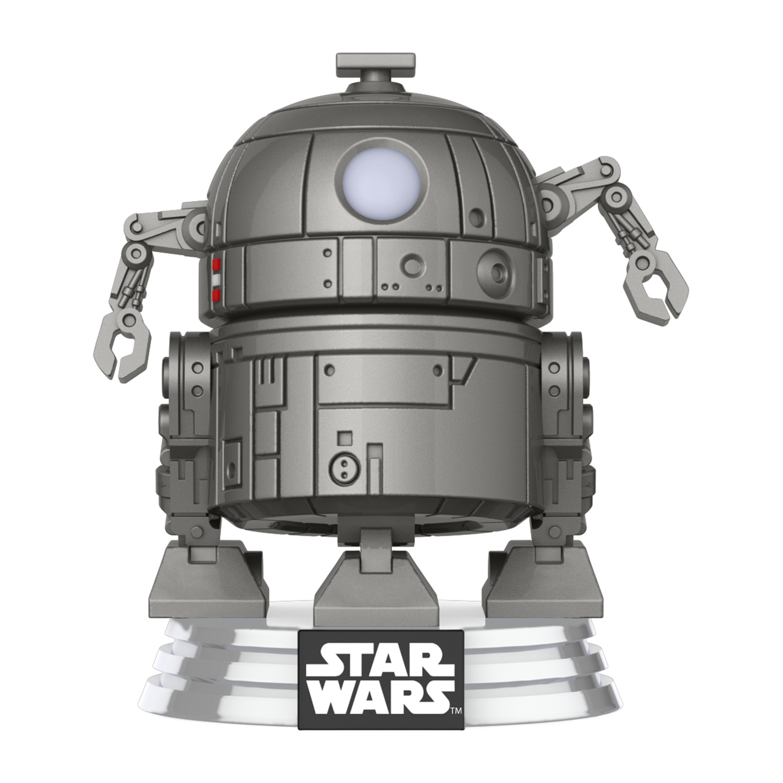 Grau-metallische Roboterfigur mit Star Wars-Logo auf dem Sockel.