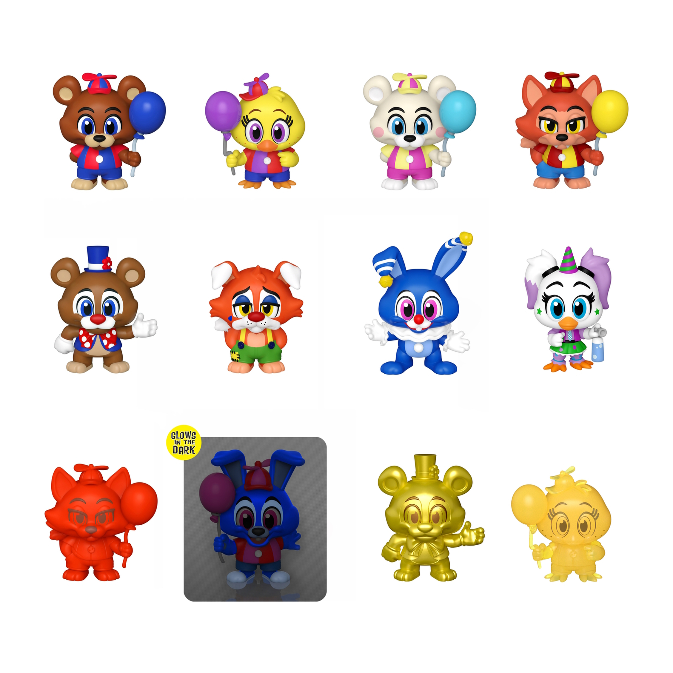 12 Figuren von Zeichentrickfiguren. Braunbär, Ente, Hase, Fuchs und andere. Verschiedene Farben.