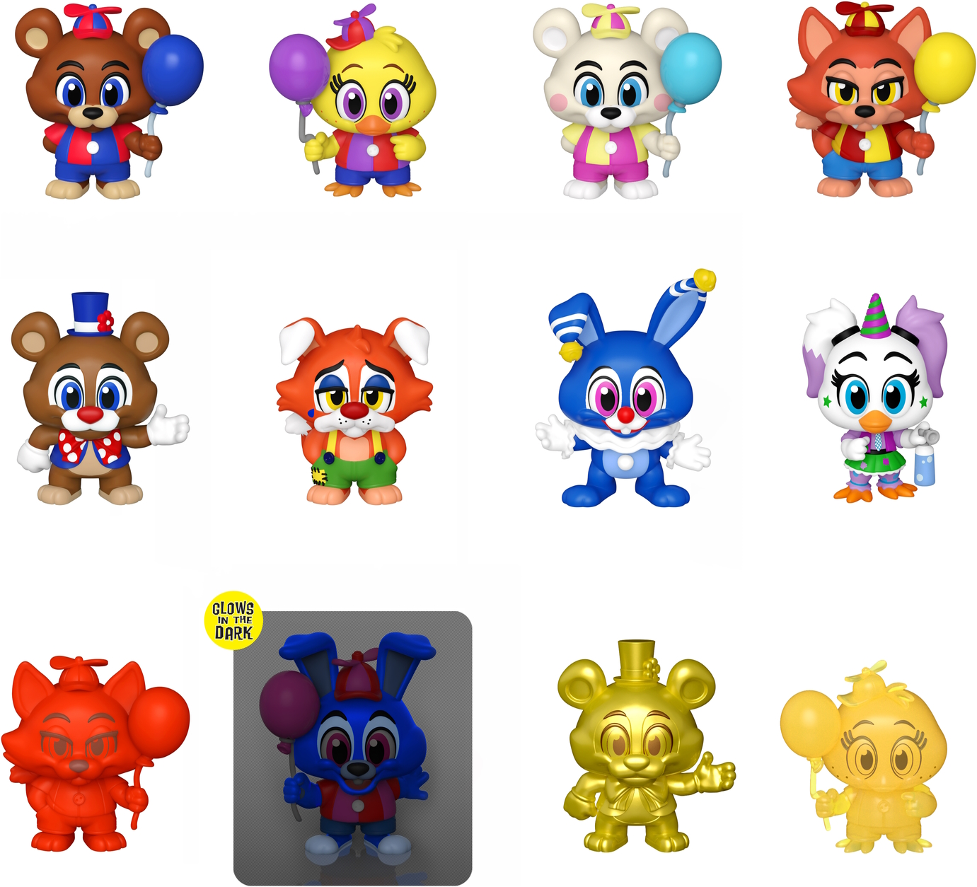 Sammlung von Five Nights at Freddy's Figuren. Jede Figur hält einen Ballon. Glow-in-the-Dark enthalten.