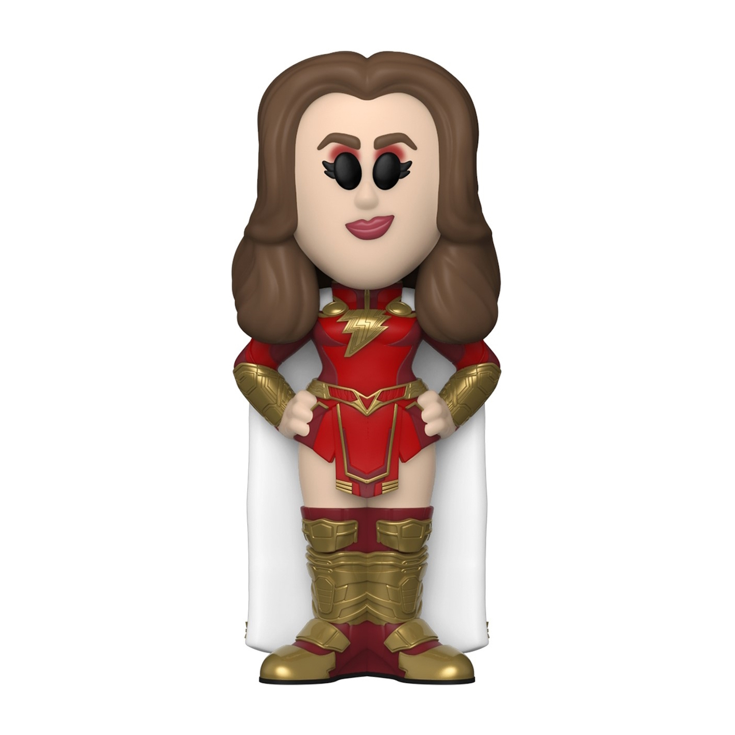 Figur von Mary Marvel. Rotes und goldenes Kostüm. Braune Haare und roter Lippenstift.