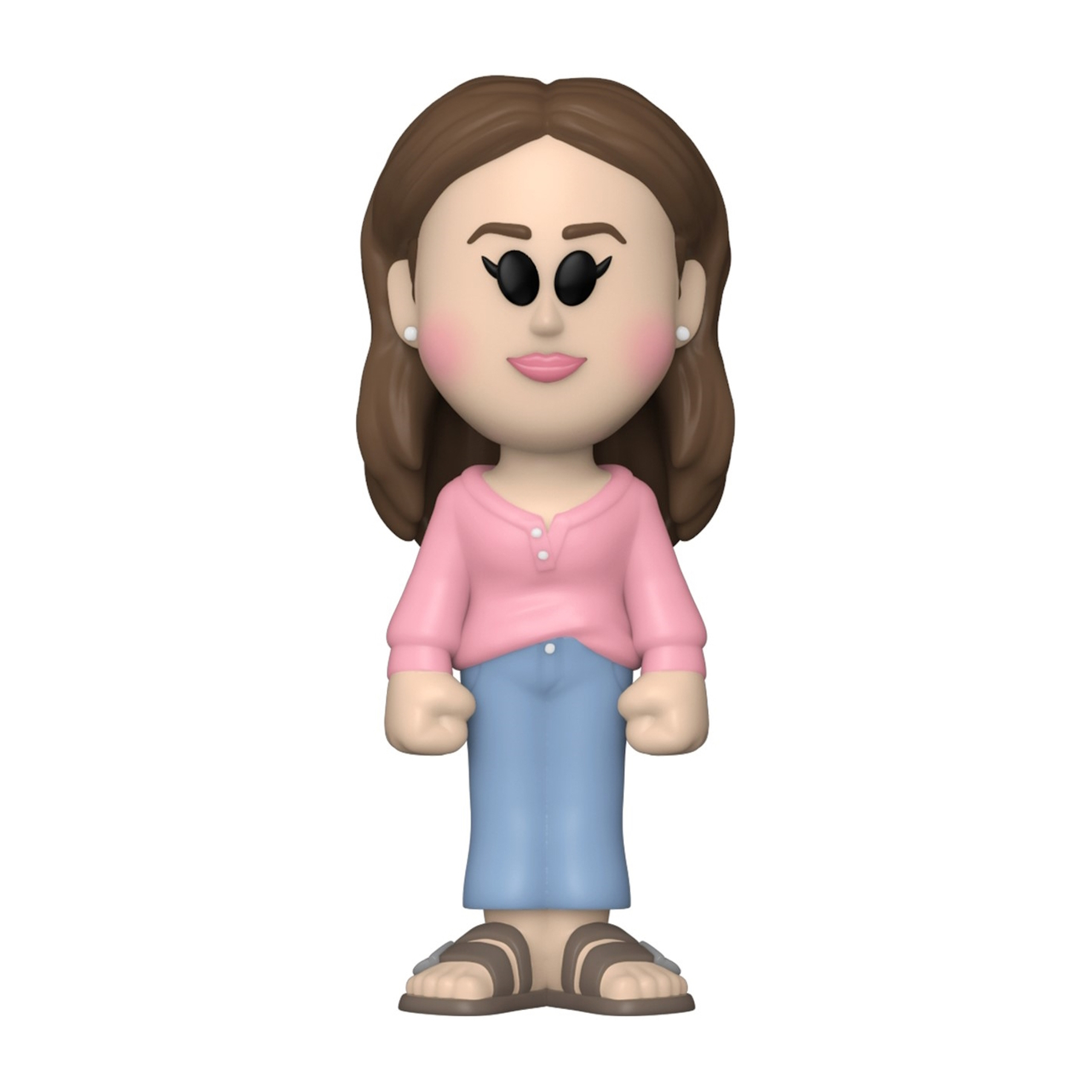 Eine Cartoon-Frauenfigur in rosa Hemd, blauer Jeans und braunen Sandalen.