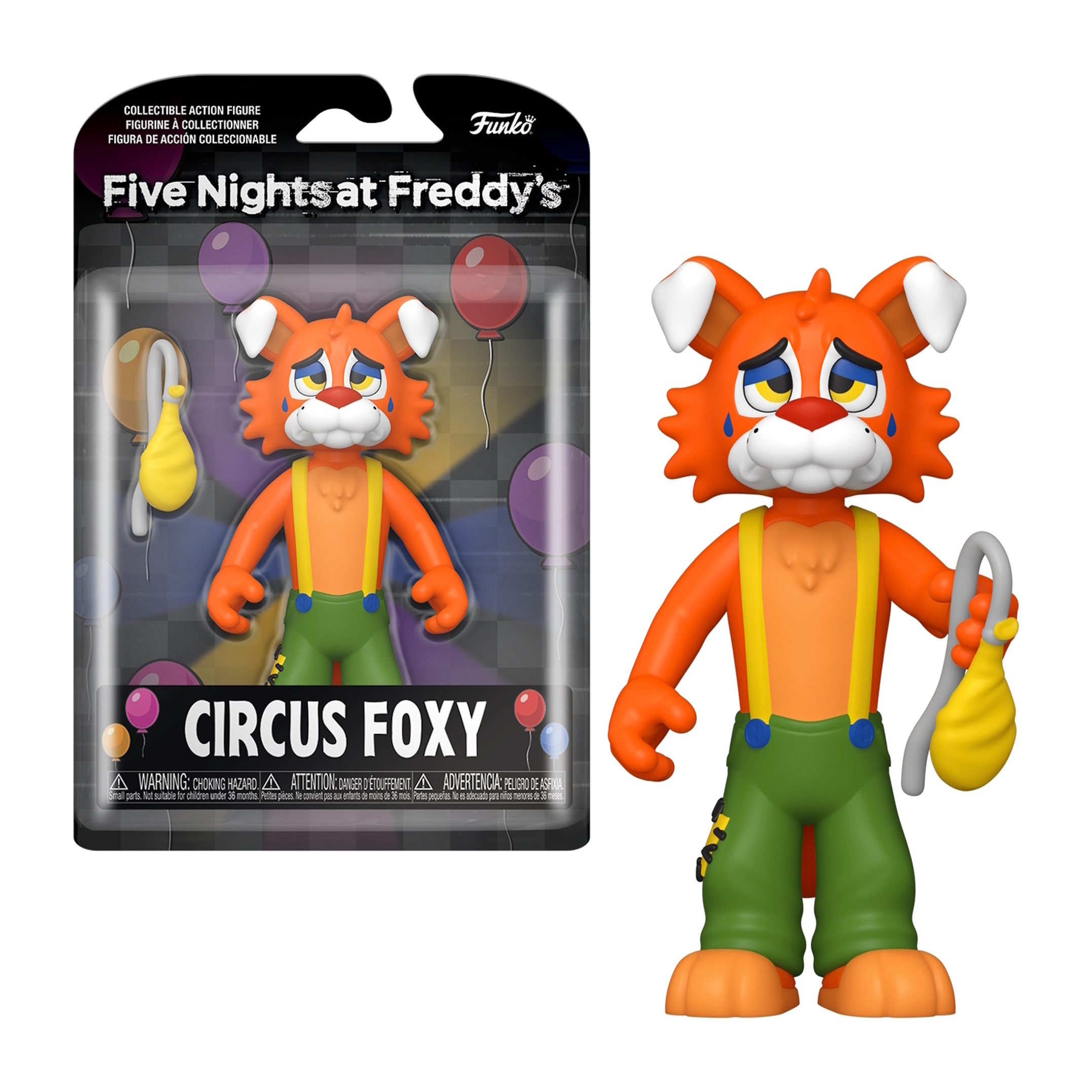 Circus Foxy Funko Pop Figur mit Verpackung. Foxy ist orange mit grünen Overalls und Ballon.