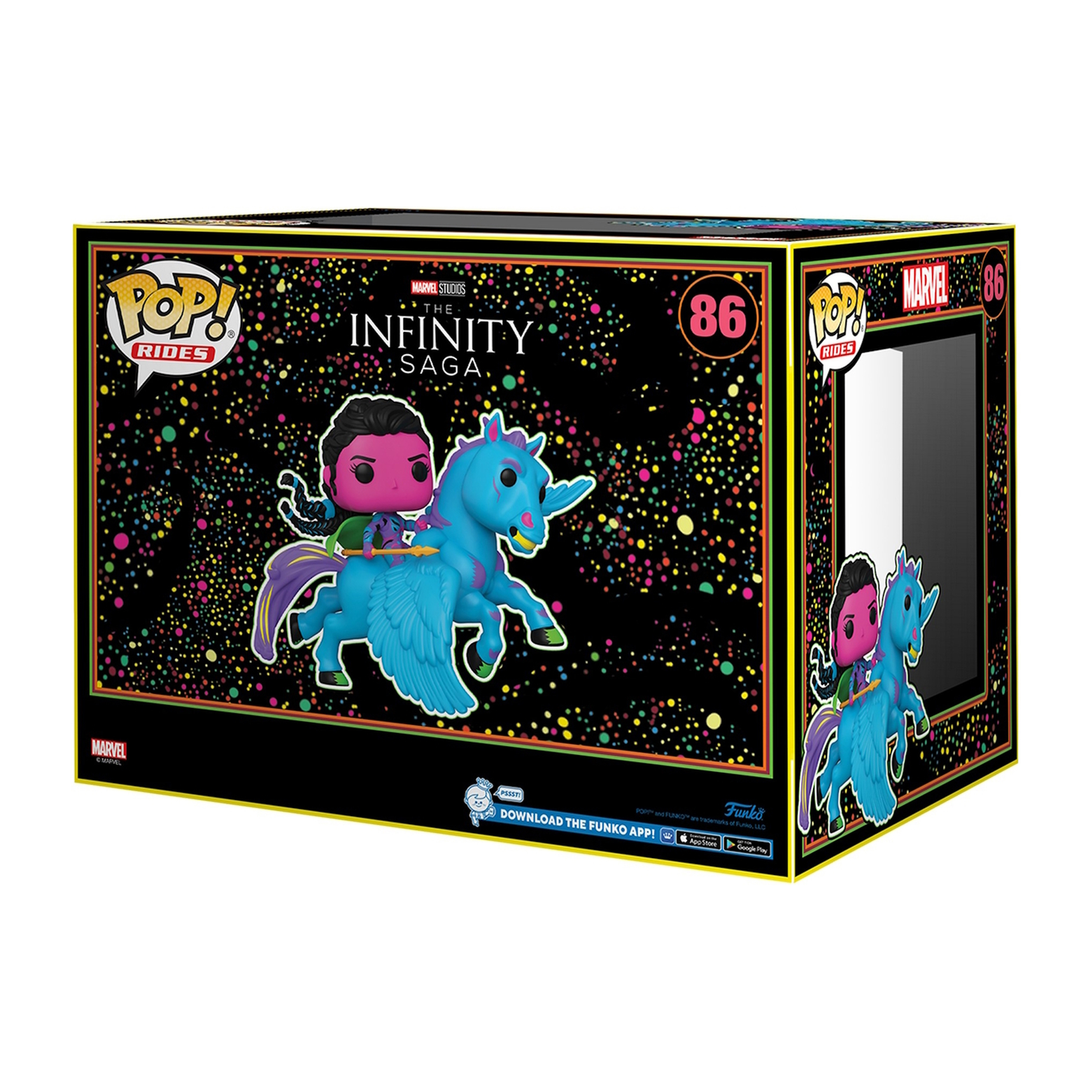 Funko Pop Box mit einer Figur auf einem blauen Einhorn, mit einem schwarzen Hintergrund voller Farben.