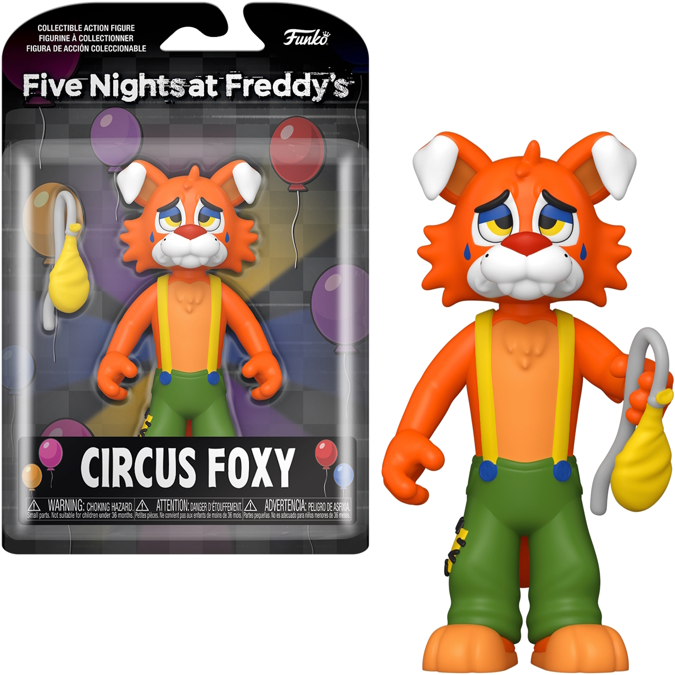 Circus Foxy Figur von Five Nights at Freddy's, mit orangefarbenem Fell, in einer Verpackung. Er hat einen traurigen Ausdruck.