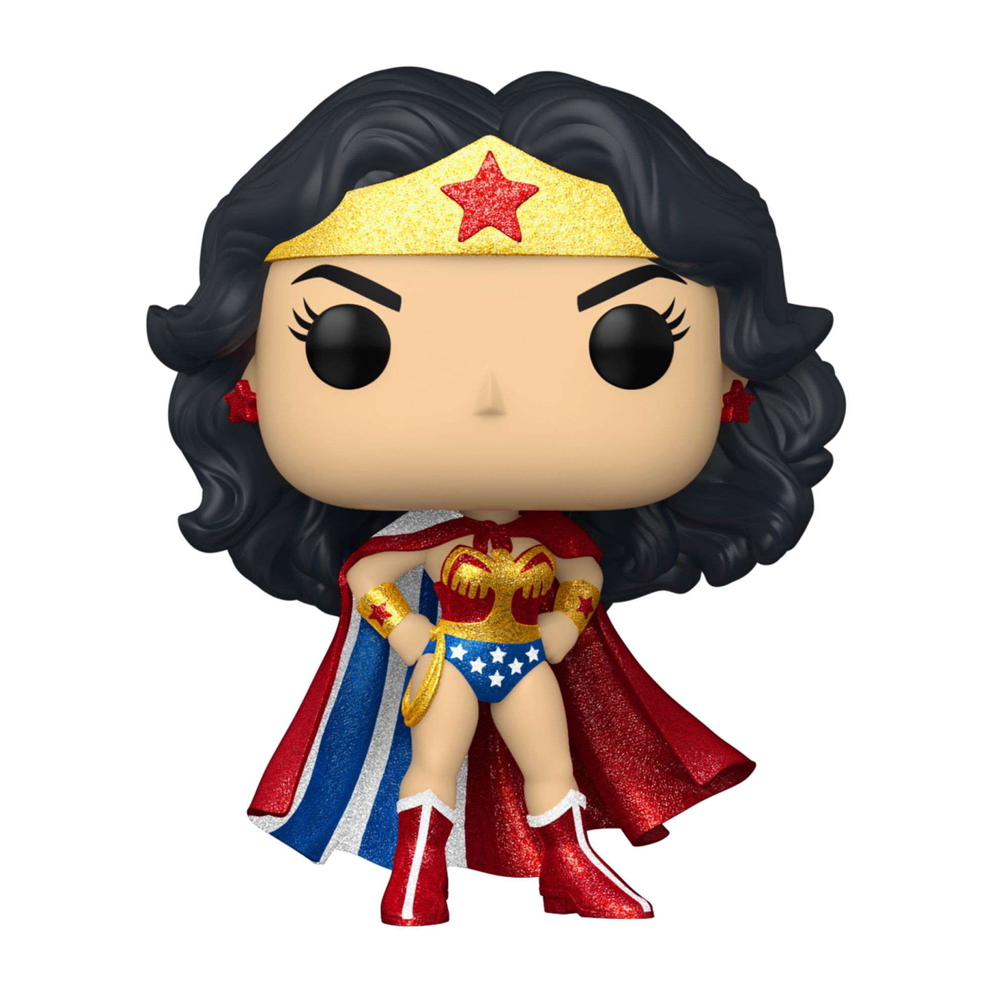 Wonder Woman Funko Pop. Sie trägt ihr Kostüm, mit Stern-Tiara, rotem Umhang und goldenen Armbändern.
