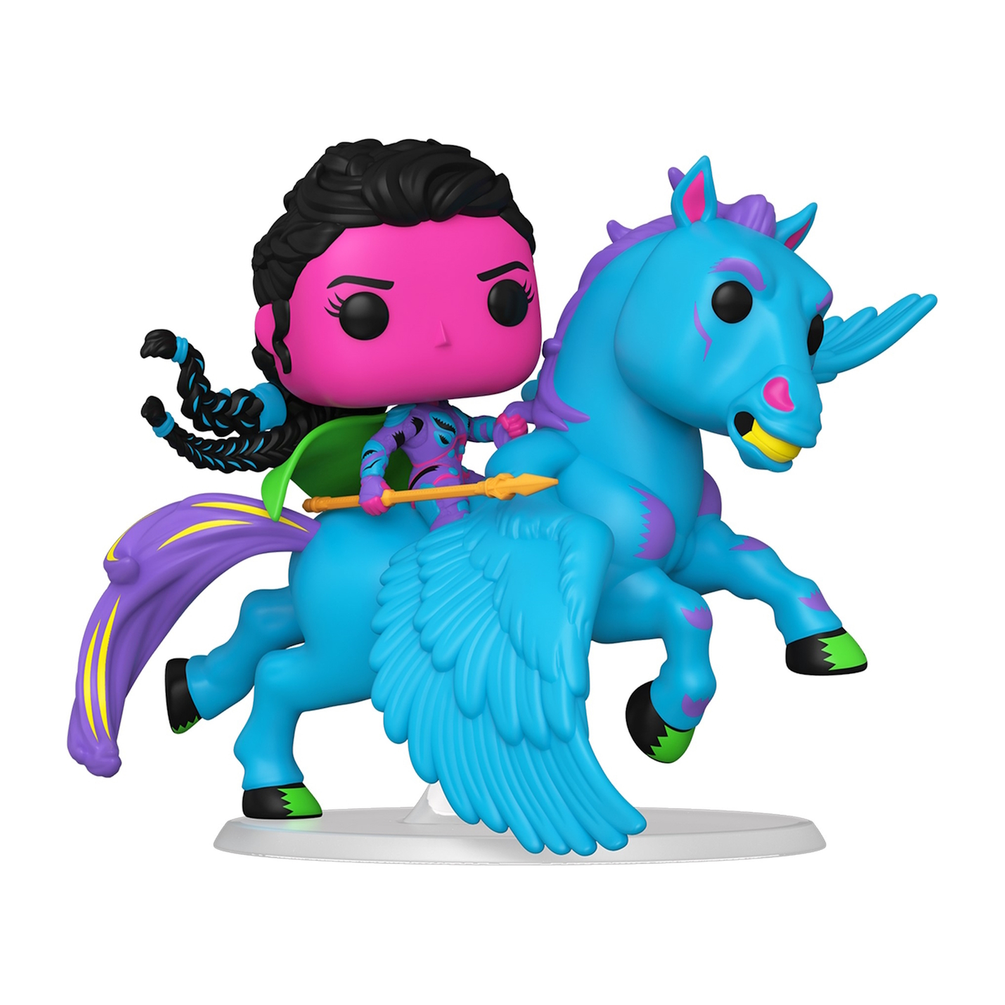 Eine Figur einer Frau auf einem blauen Pegasus, die rosa und lila Kleidung trägt.