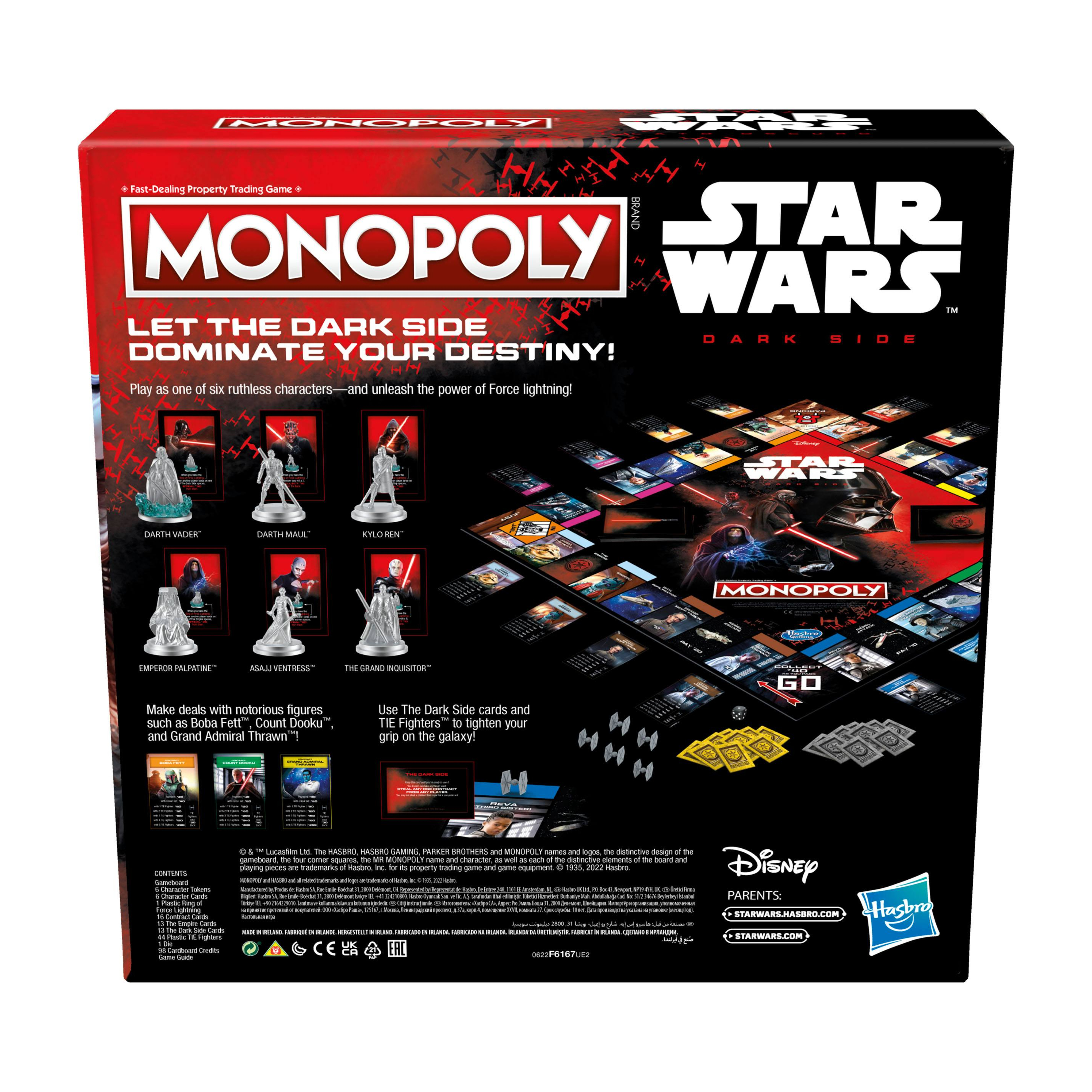 Rückseite einer Star Wars Monopoly Spielbox. Mehrere Charaktere und ein Spielbrett sind sichtbar.