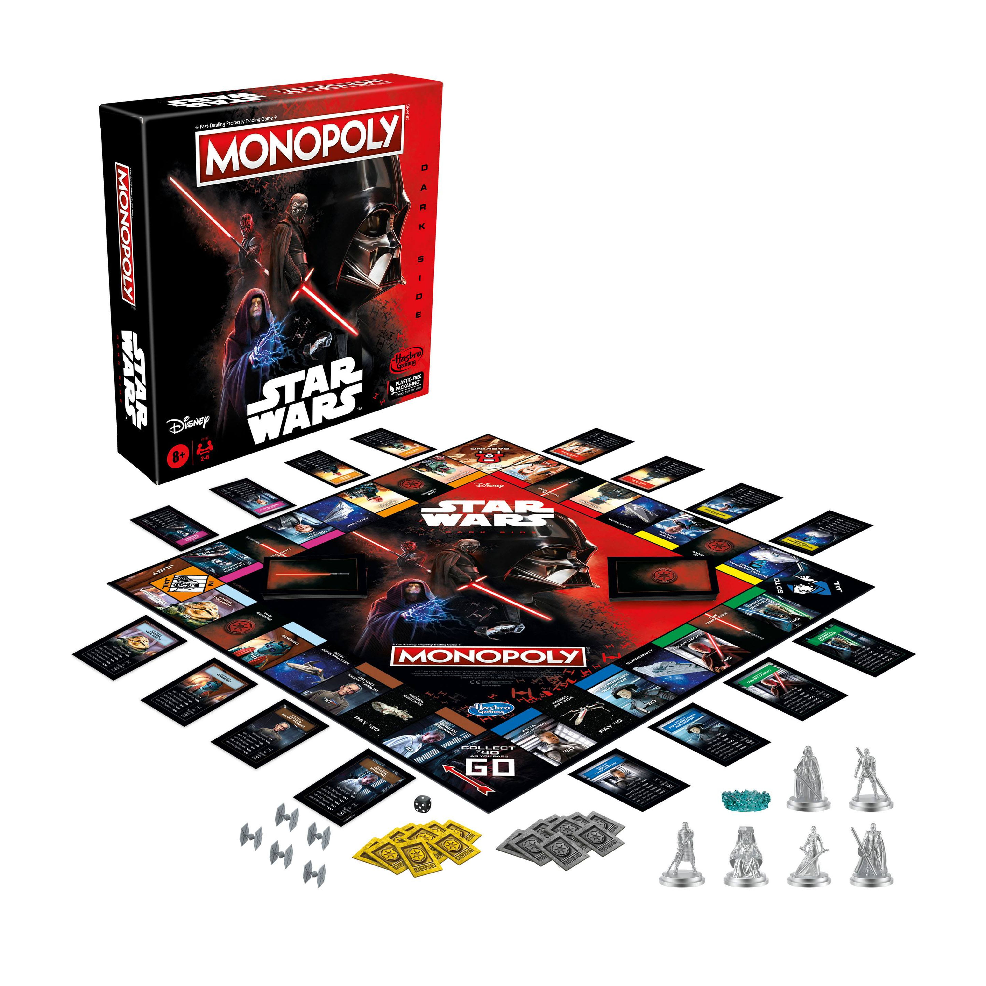 Monopoly Star Wars Spiel. Das Brett zeigt Charaktere und Szenen. Würfel, Token und Karten sind ebenfalls vorhanden.