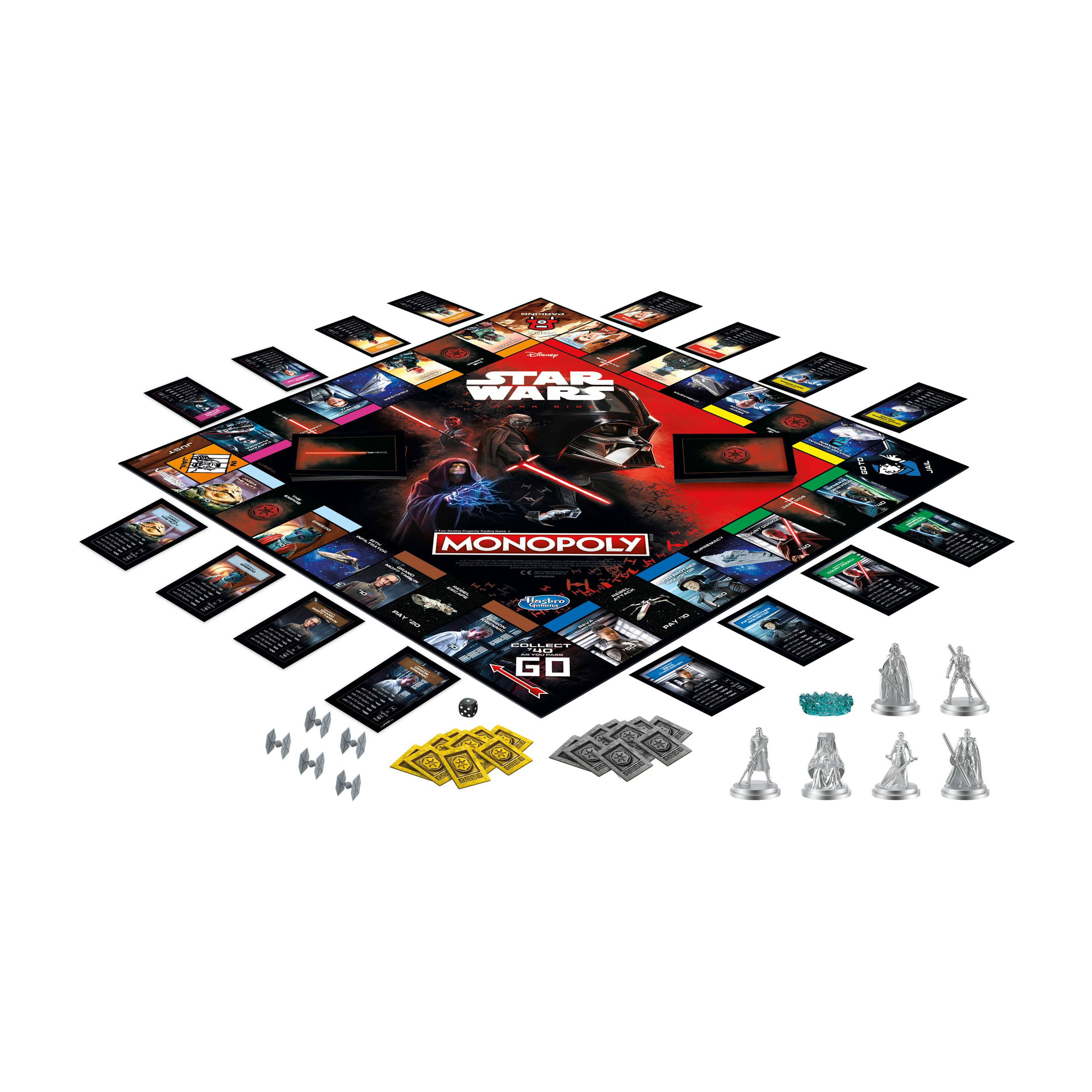 Star Wars Monopoly Brettspiel mit Spielsteinen. Der Hintergrund ist weiß.