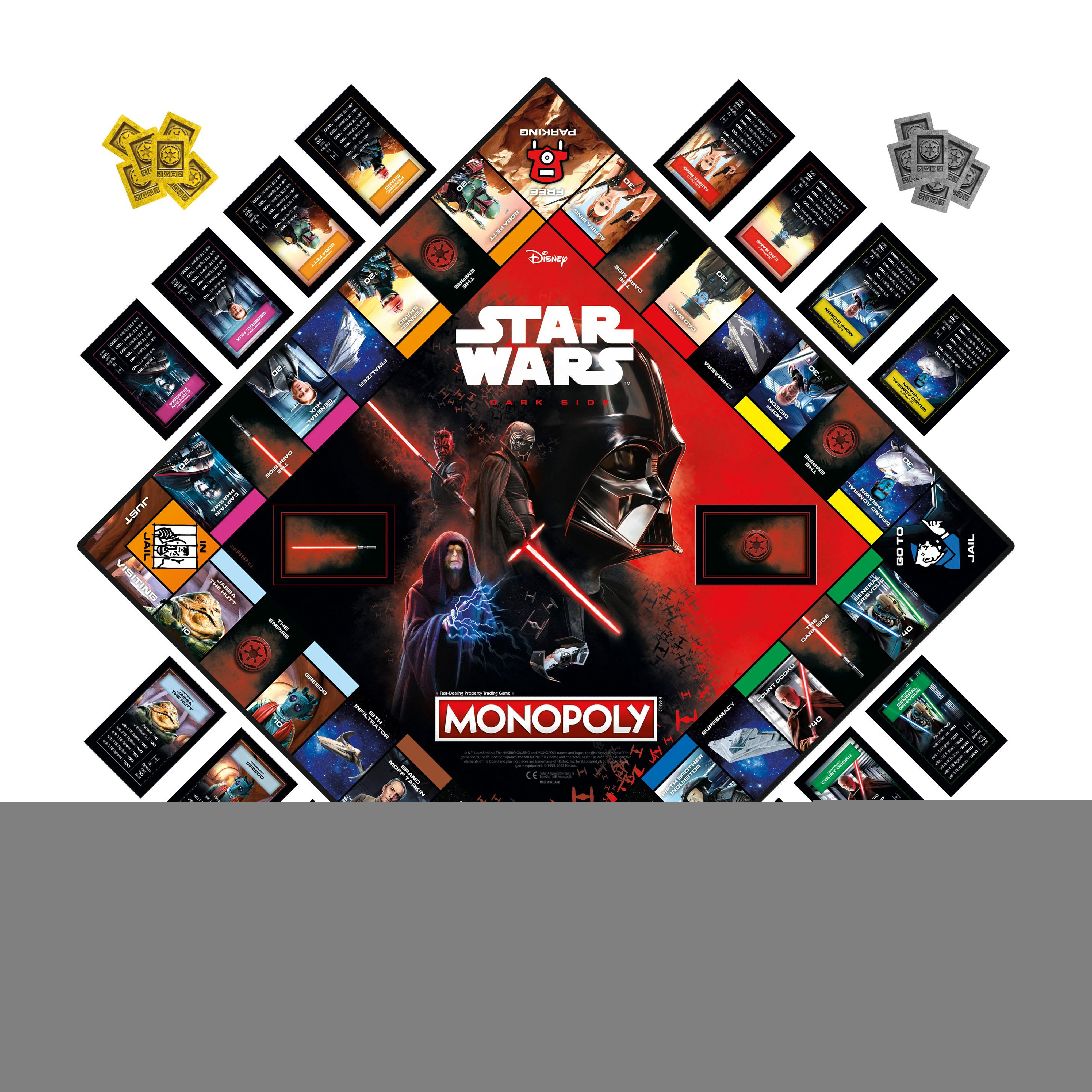 Star Wars Monopoly Brettspiel mit Spielsteinen und Karten ausgestellt.