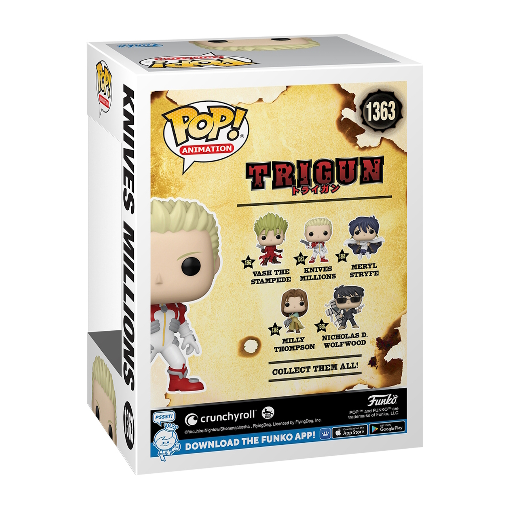 Boxed Funko Pop Figur von Trigun-Charakteren. Zeigt Vash, Knives und andere. Rückseite mit Figuren.