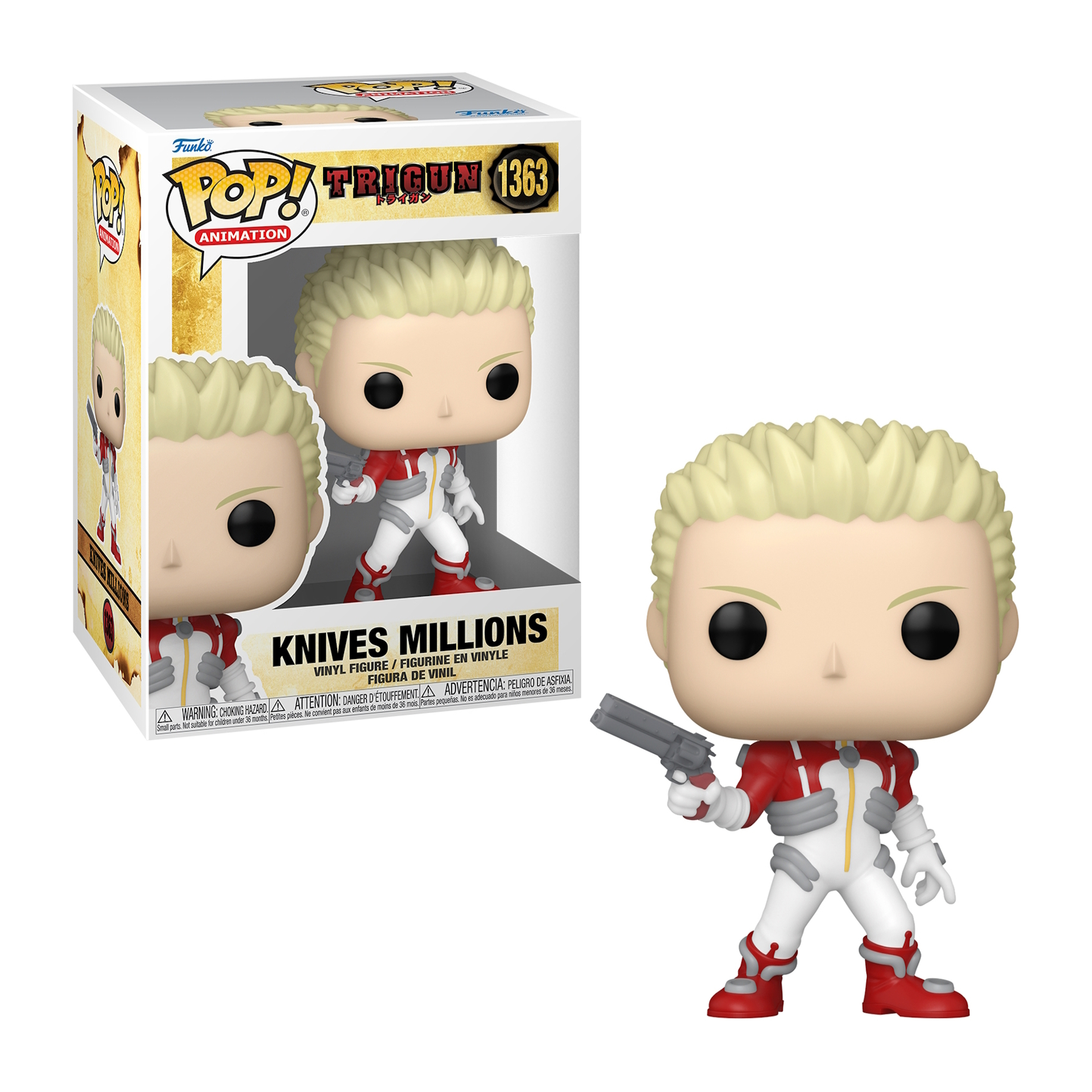 Knives Millions Funko Pop Figur. Blondes Haar, weiß-rotes Outfit, hält eine Waffe und Box links.