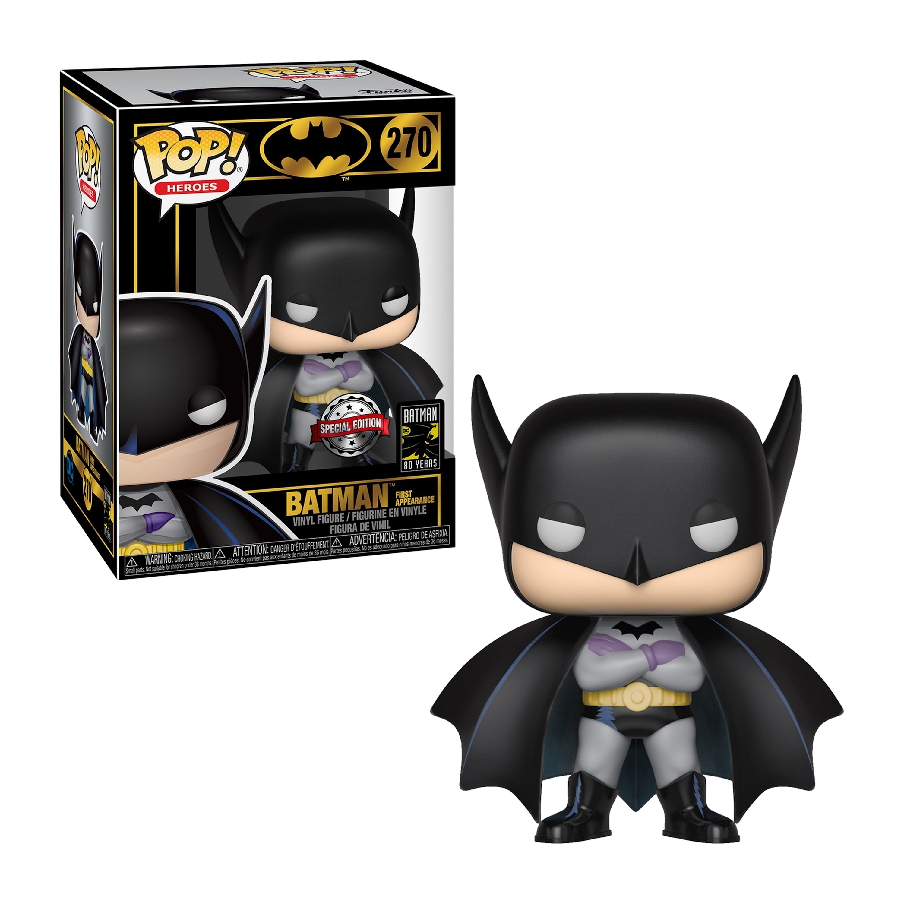 Eine Batman Funko Pop!-Figur in einem schwarzen Anzug mit einer Box. Die Figur hat einen Umhang und steht.