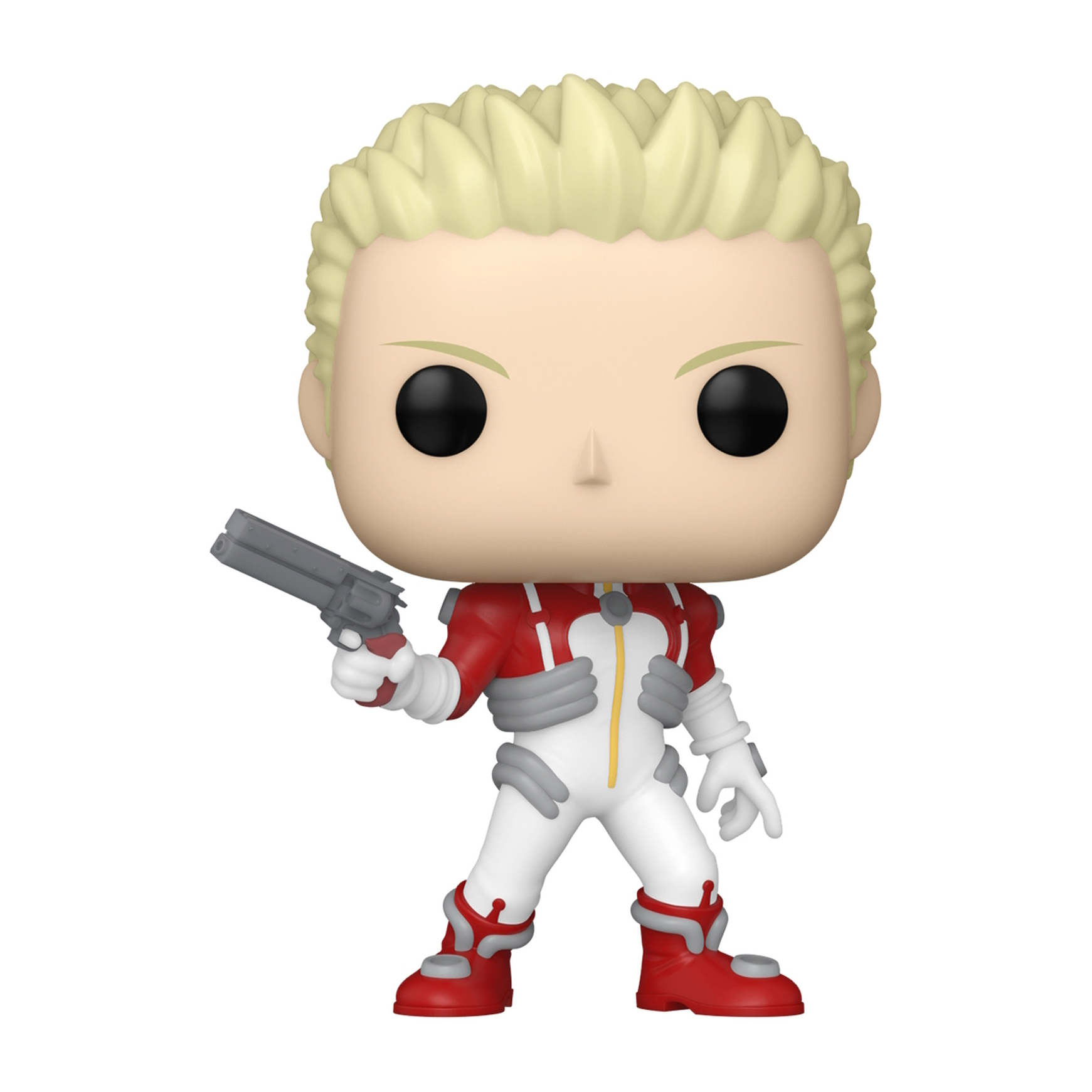 Funko Pop Figur eines männlichen Charakters in Rot und Weiß, der eine Waffe hält.