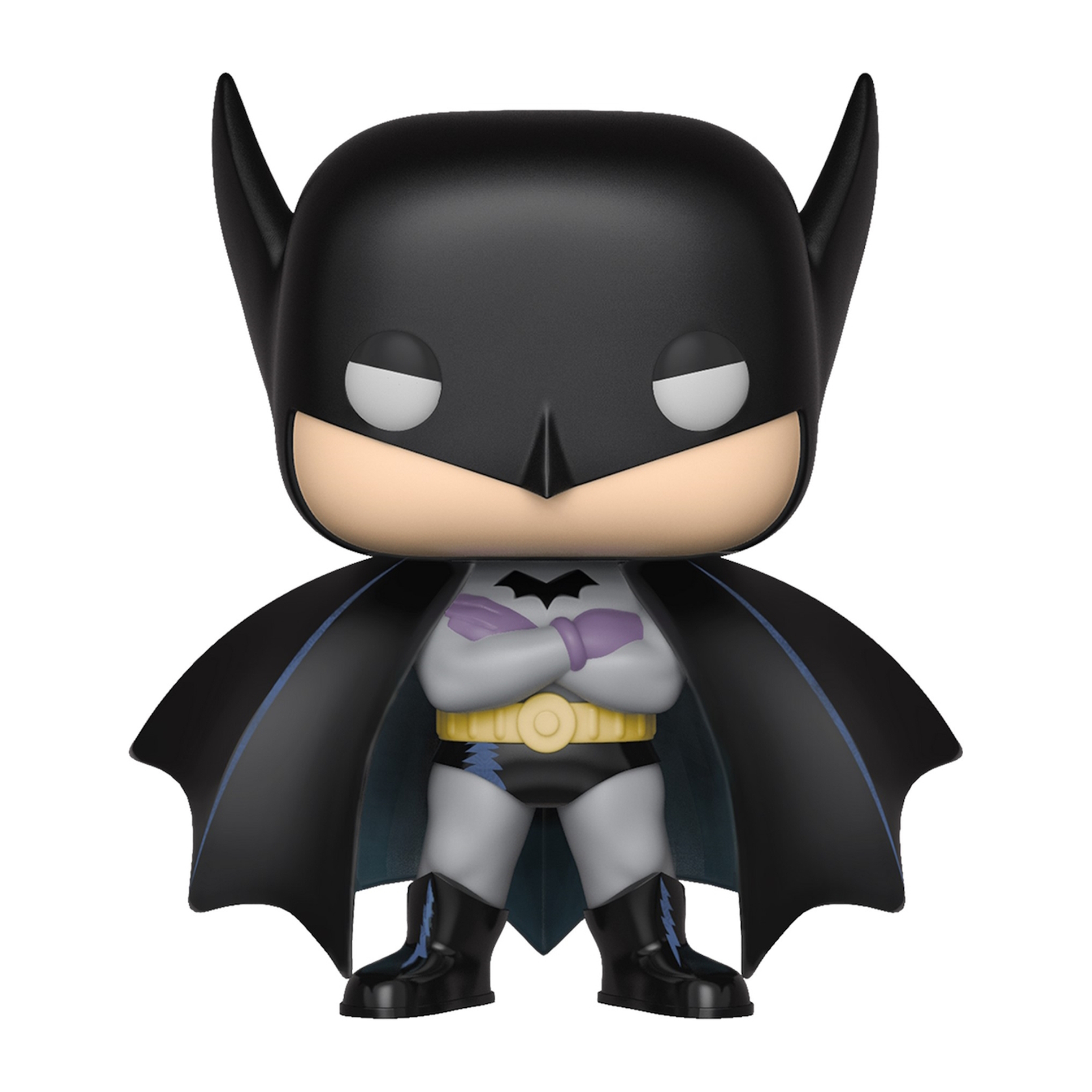 Eine Funko Pop-Figur von Batman, der einen schwarzen Umhang und eine Kapuze trägt, die Arme verschränkt, auf weißem Hintergrund.