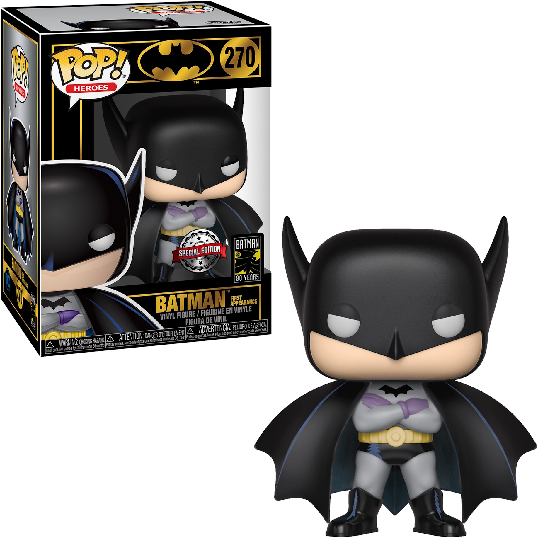 Batman-Figur in schwarzem Anzug mit Umhang. Verpackt, mit Batman-Logo und 80 Jahre Text.