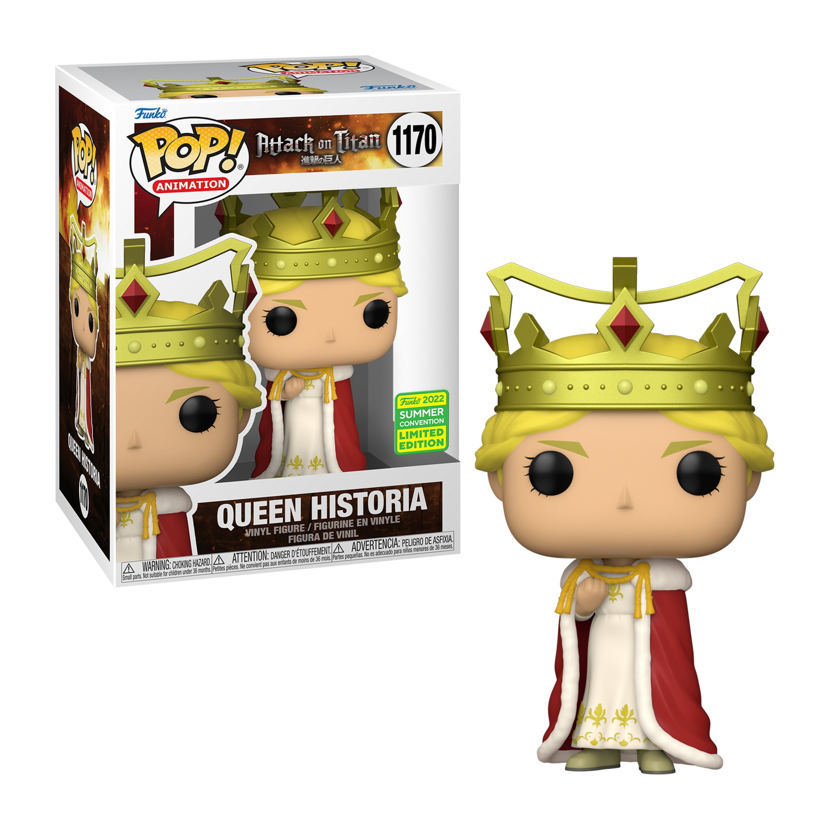 Queen Historia Funko Pop Figur mit Krone und rotem Umhang, steht neben einer Box. Blondes Haar und goldene Krone.
