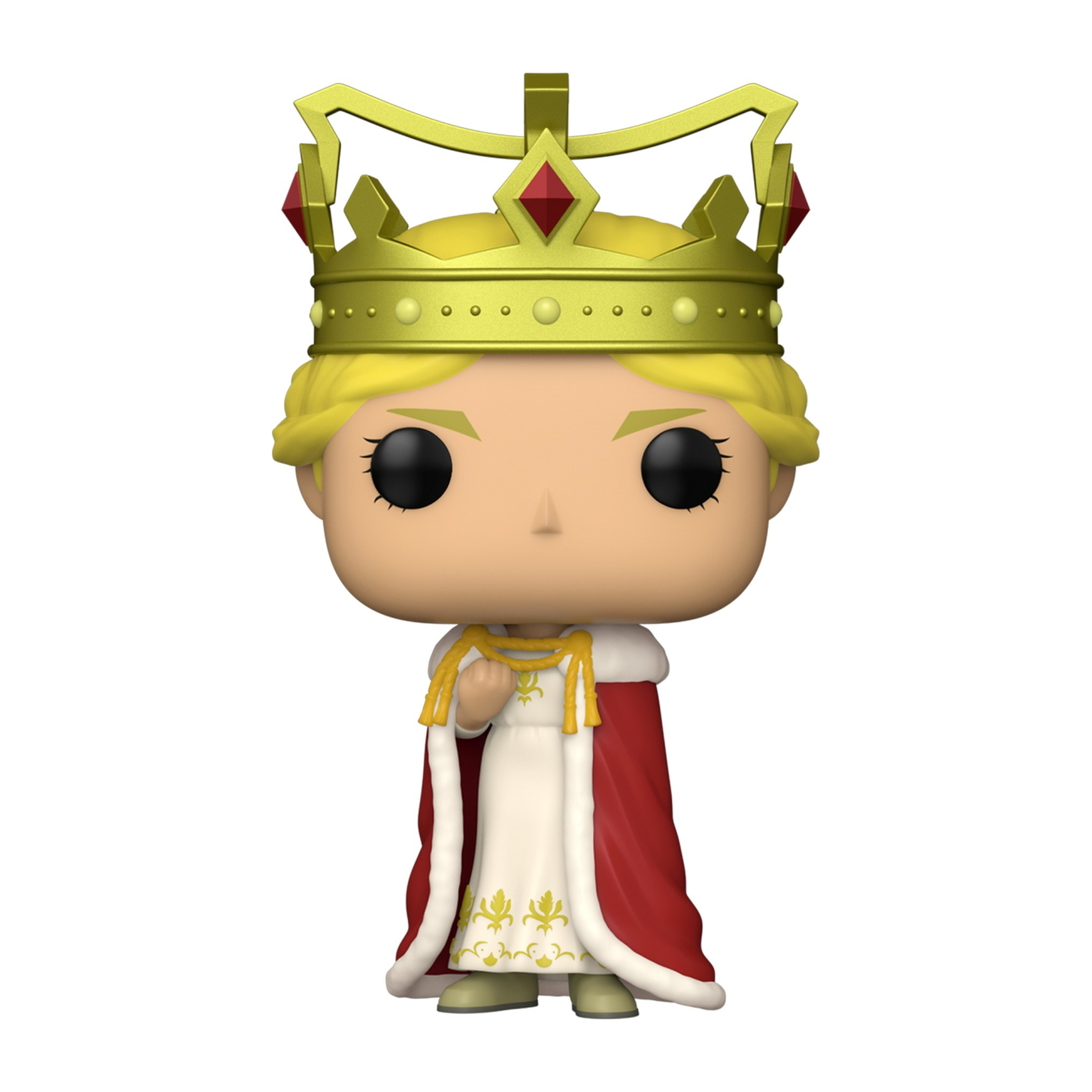 Funko Pop Figur einer Königin mit Krone und rotem Umhang. Es ist ein weißer Hintergrund.