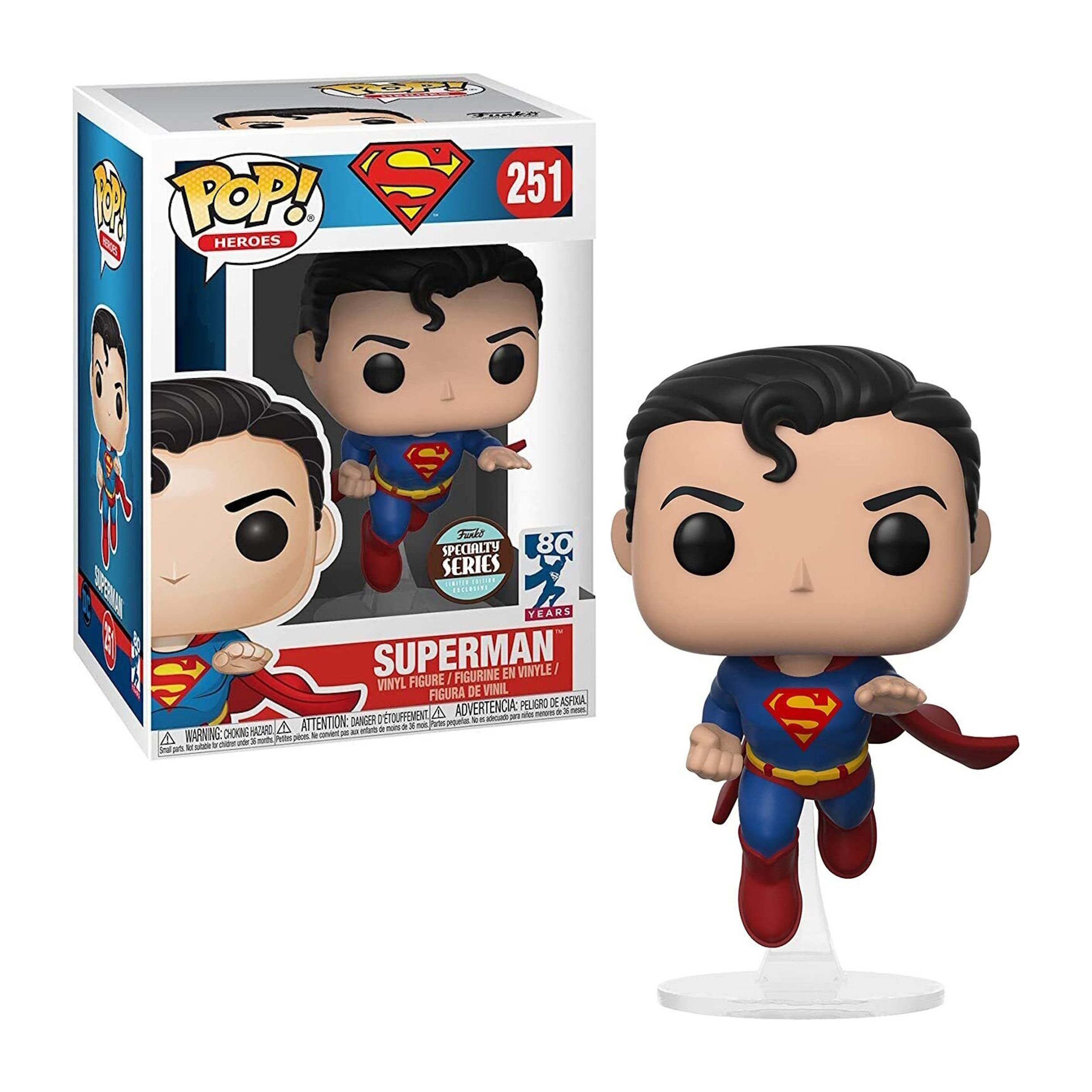 Eine Superman Funko Pop-Figur in einer Box. Die Figur fliegt mit rotem Umhang.