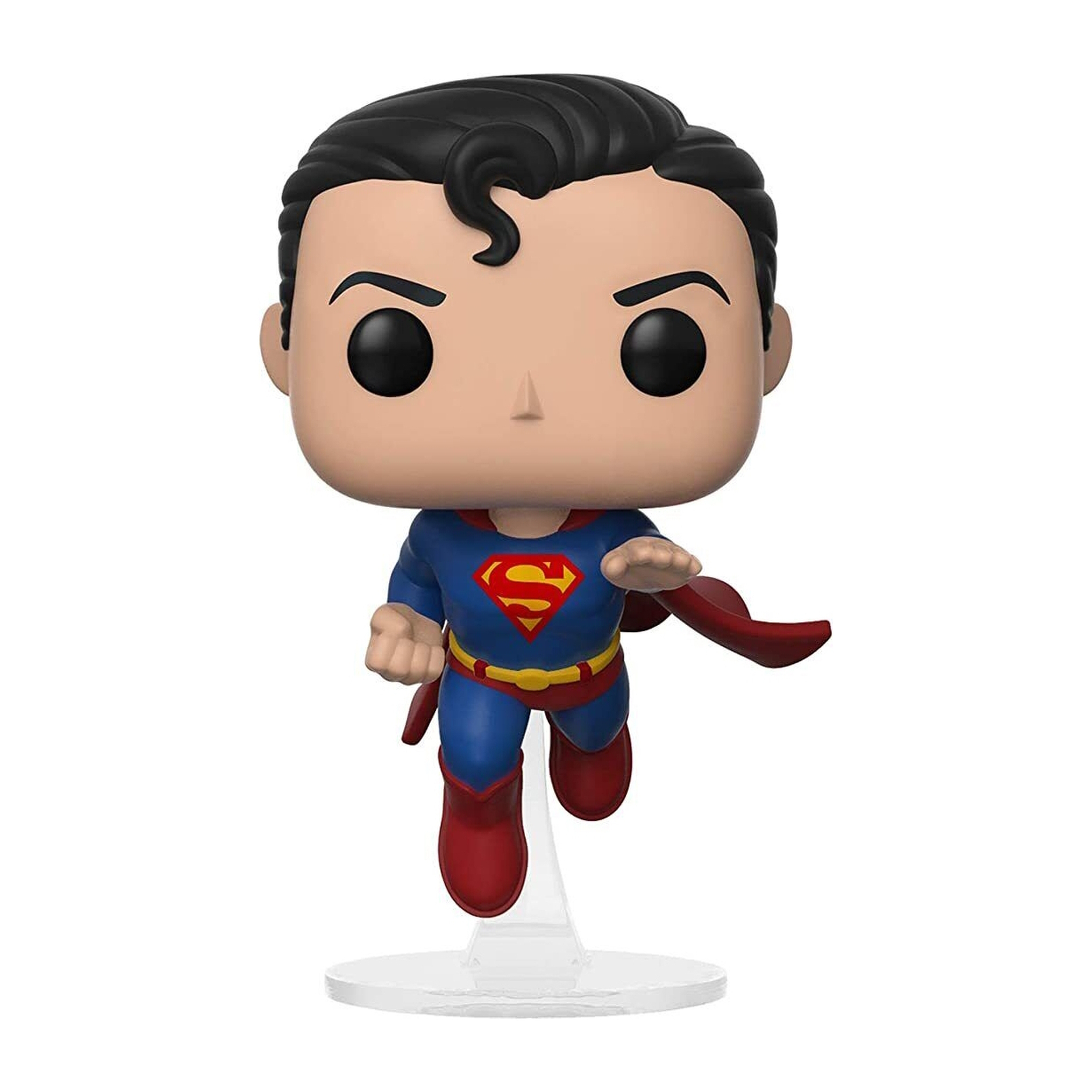 Superman Funko Pop Figur in Flugpose, trägt blauen Anzug und roten Umhang, auf klarer Basis.
