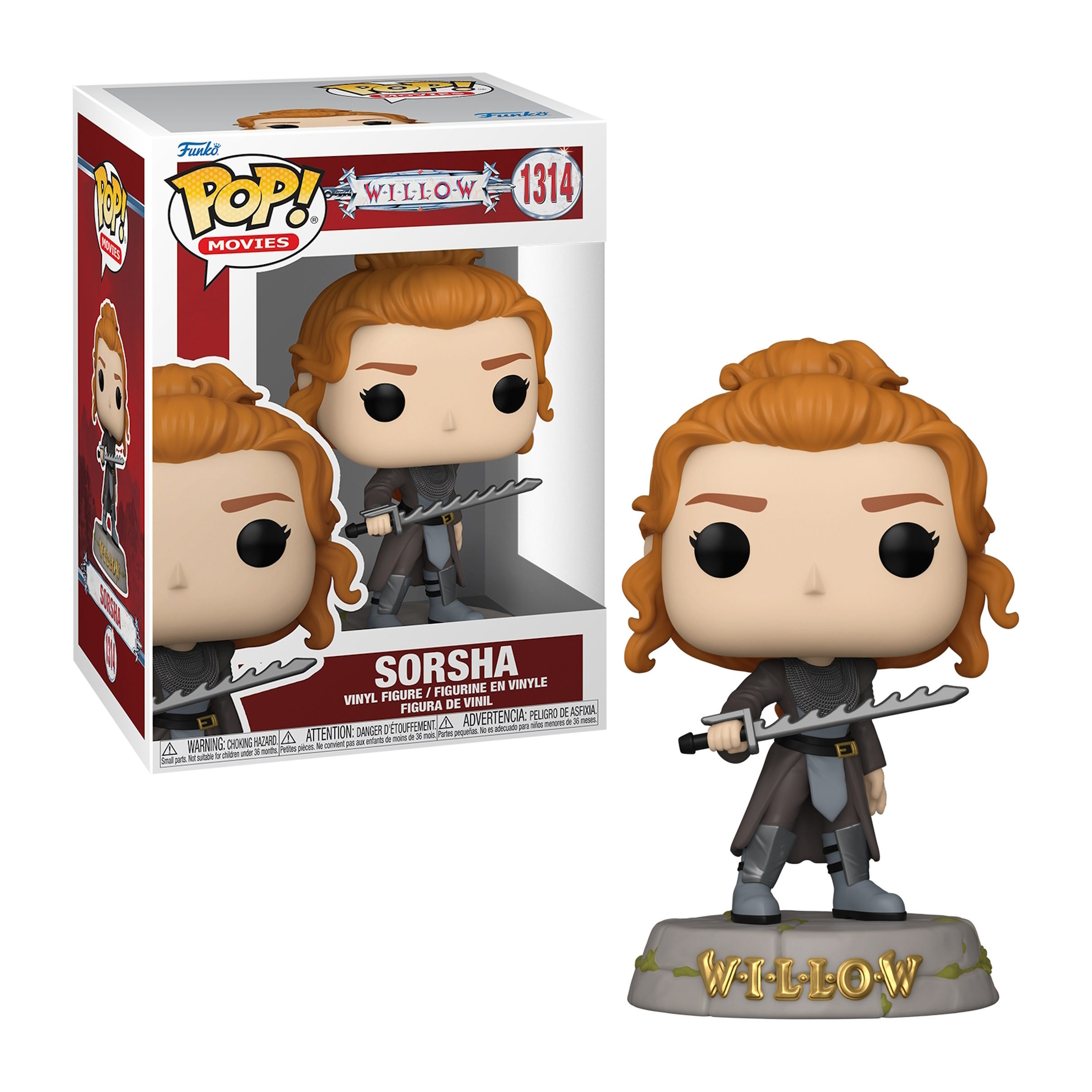 Figurka Funko Pop Sorshy z Willow, z mieczem i pudełkiem pokazującym figurkę.