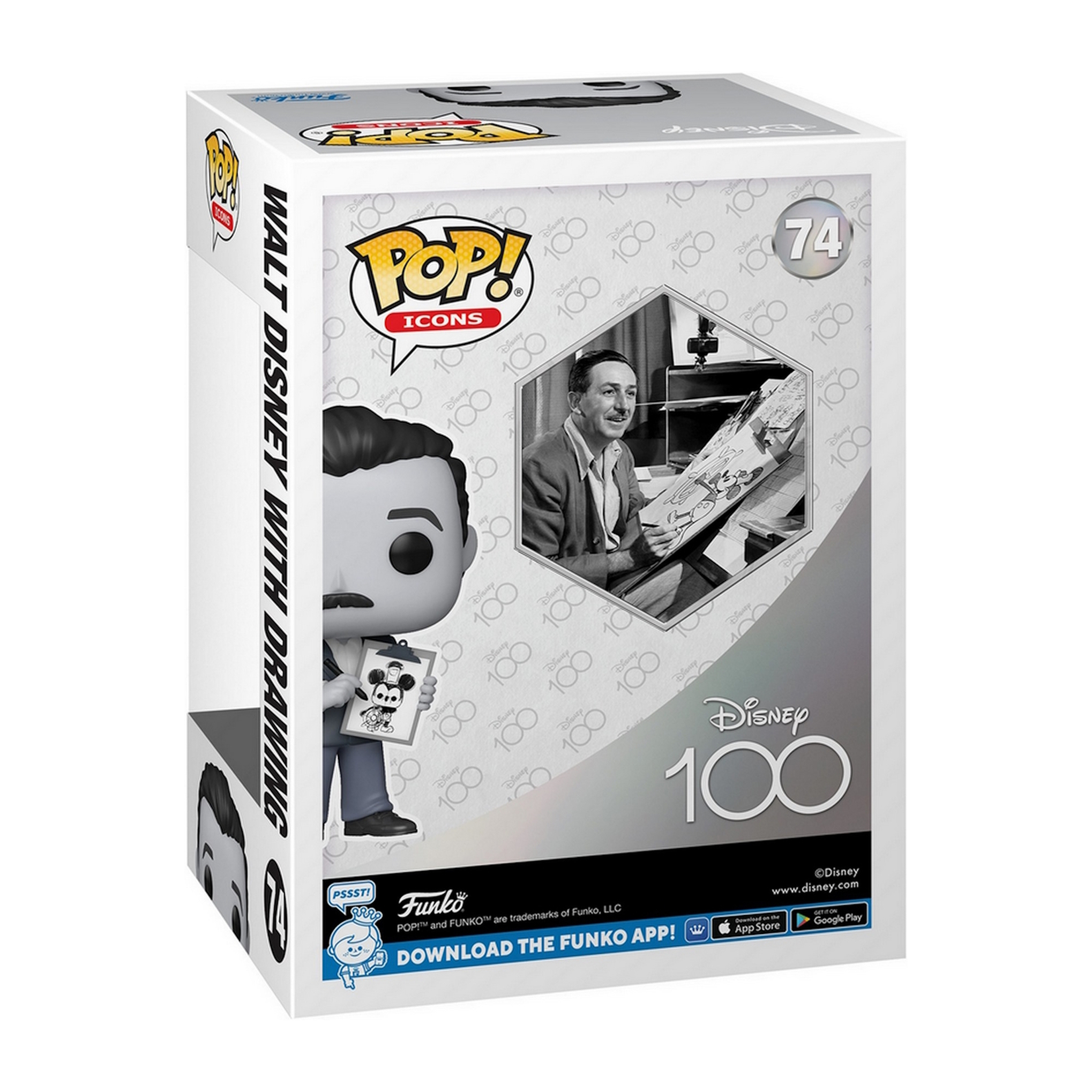 Eine Funko Pop Box mit Walt Disney mit einer Zeichnung, mit dem Disney 100 Logo und anderen Branding-Elementen.