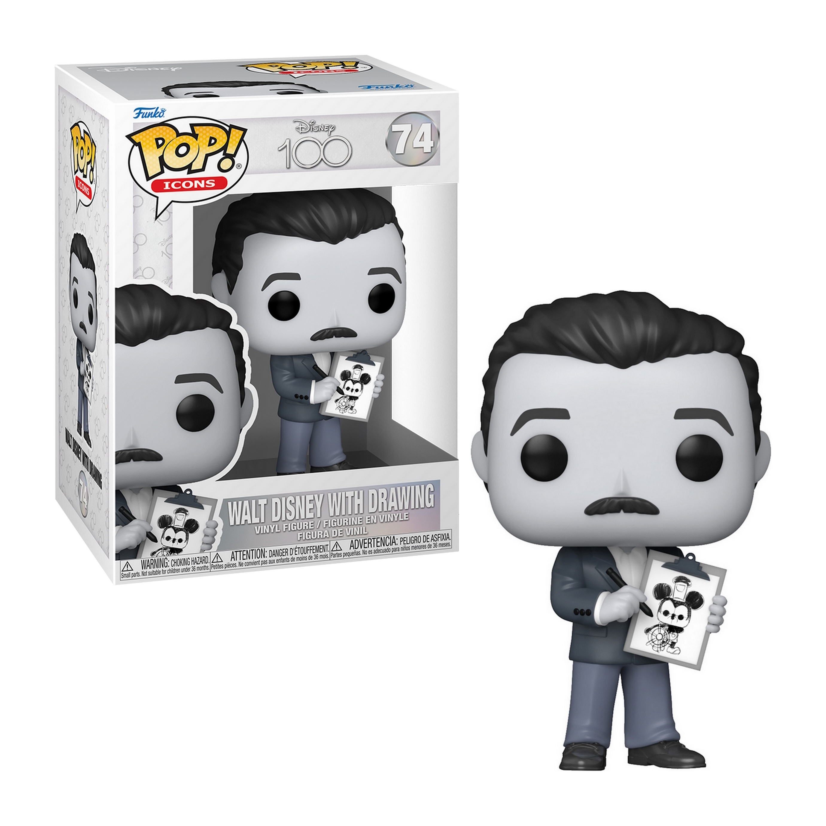 Walt Disney Funko Pop Figur mit Zeichnung, schwarzem Schnurrbart, Anzug, Skizze.