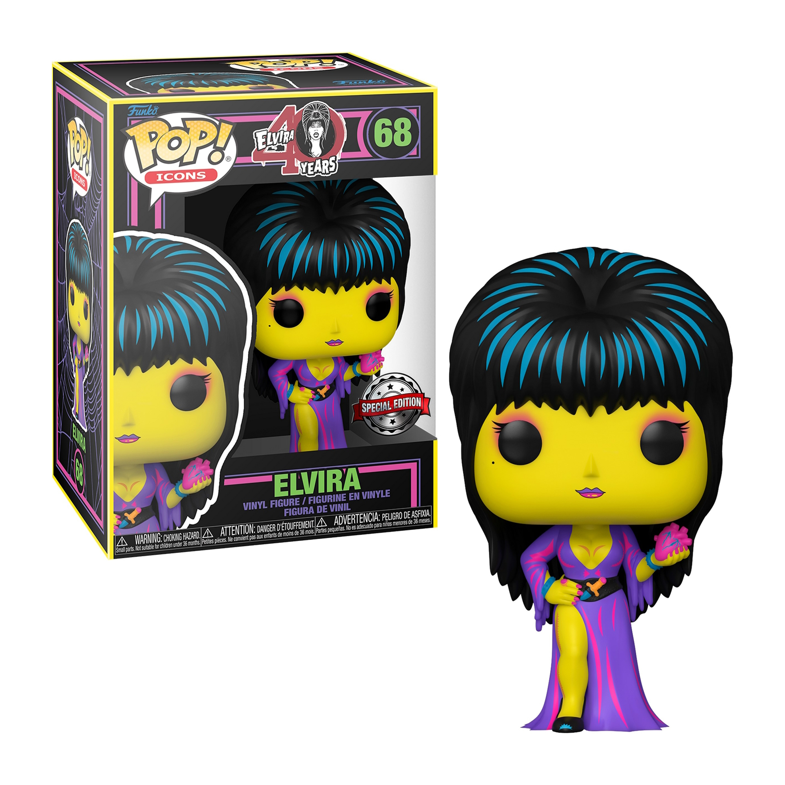 Elvira Funko Pop Figur in und aus der Box. Sie hält eine Blume und trägt ein lila Kleid.
