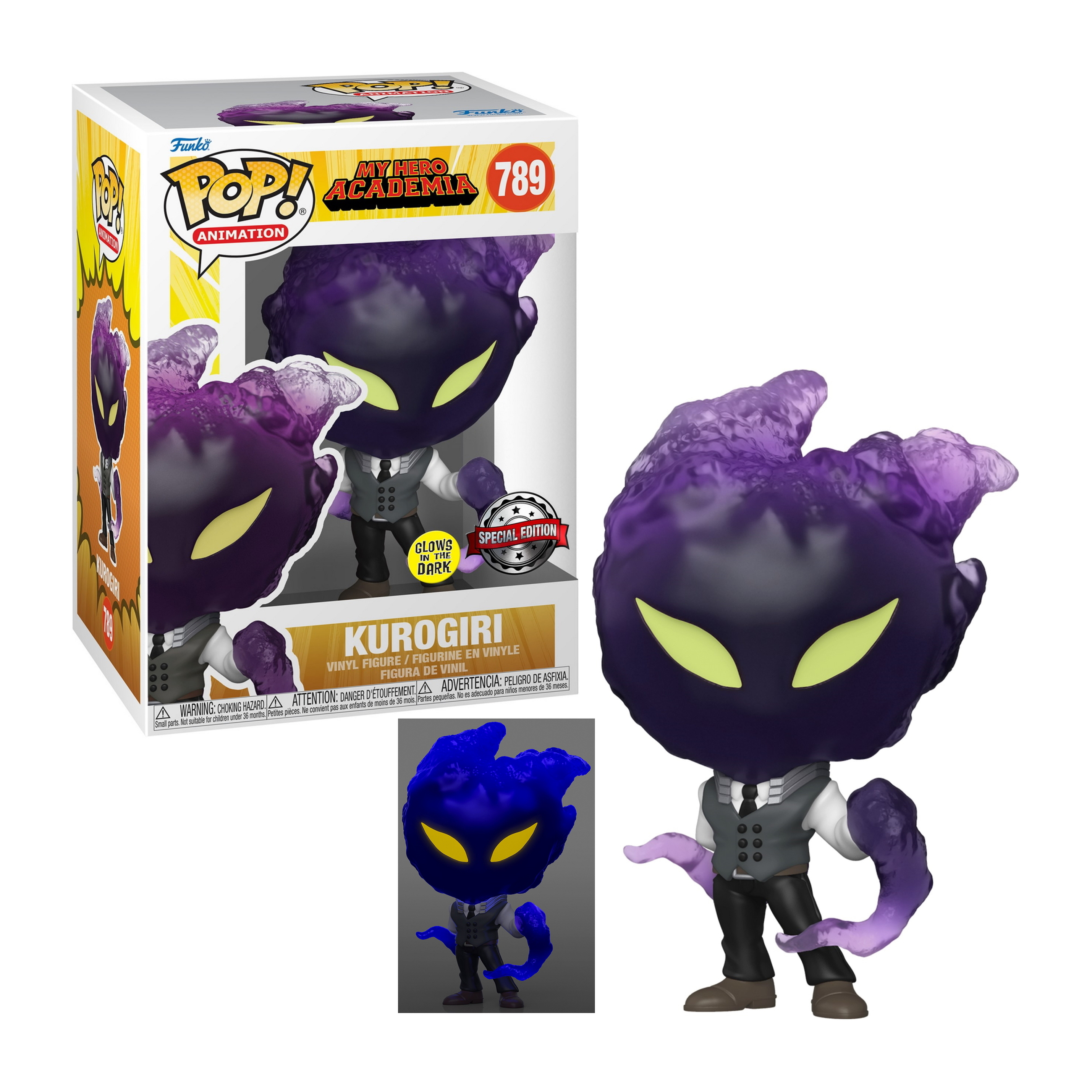 Kurogiri Funko Pop, figura morada y negra con traje, con efecto de brillo en la oscuridad.