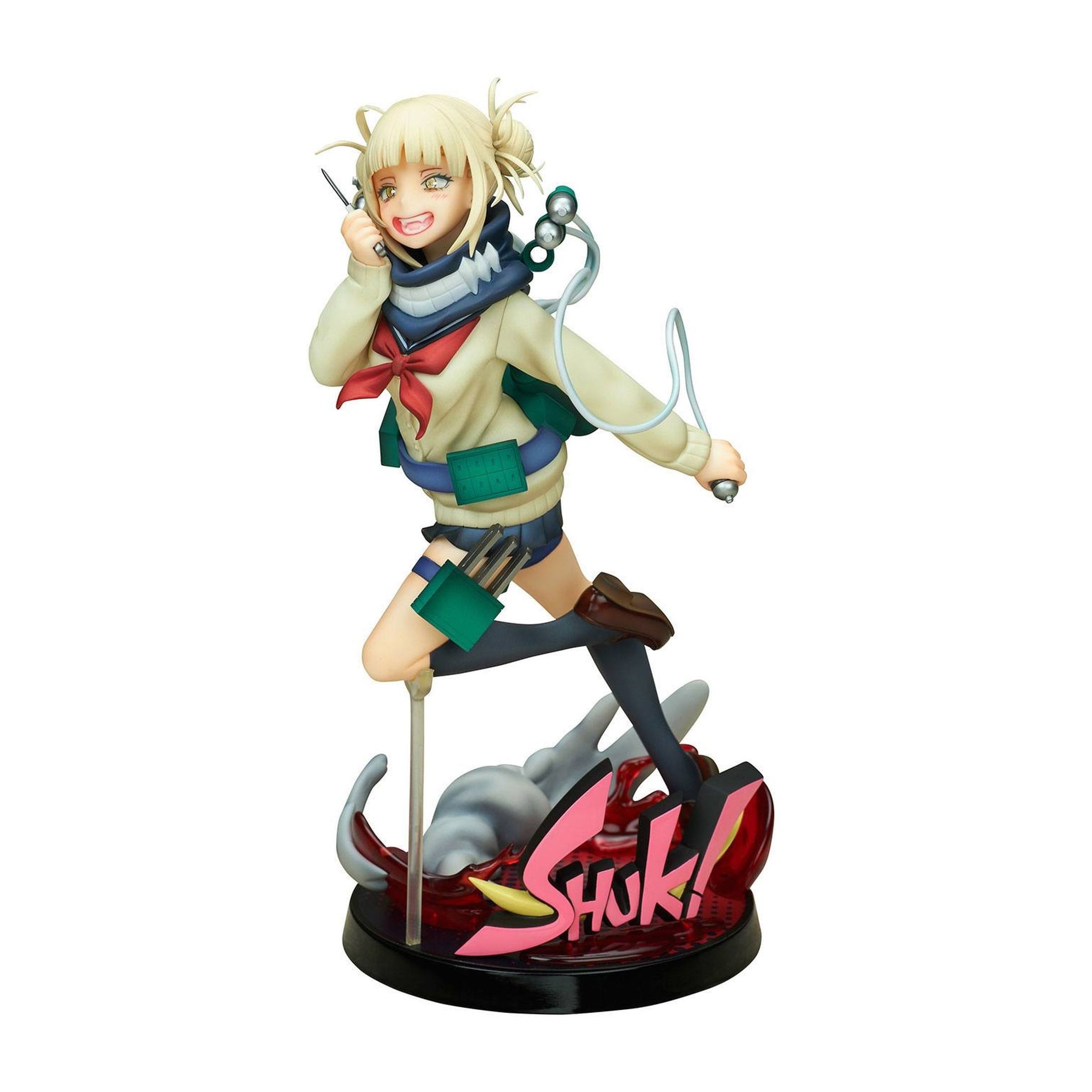 Anime-Figur eines Mädchens mit blonden Dutt, Schere und Messer haltend, Schuluniform tragend.