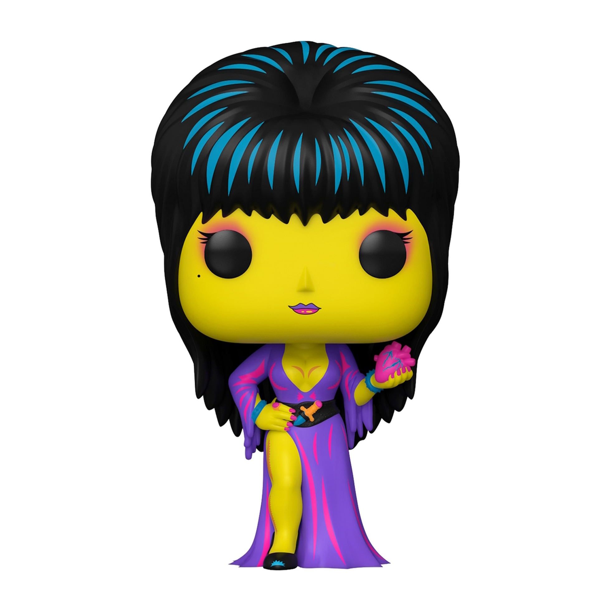 Elvira Figur mit gelber Haut, schwarzem Haar mit blauen Strähnen und lila Kleid.