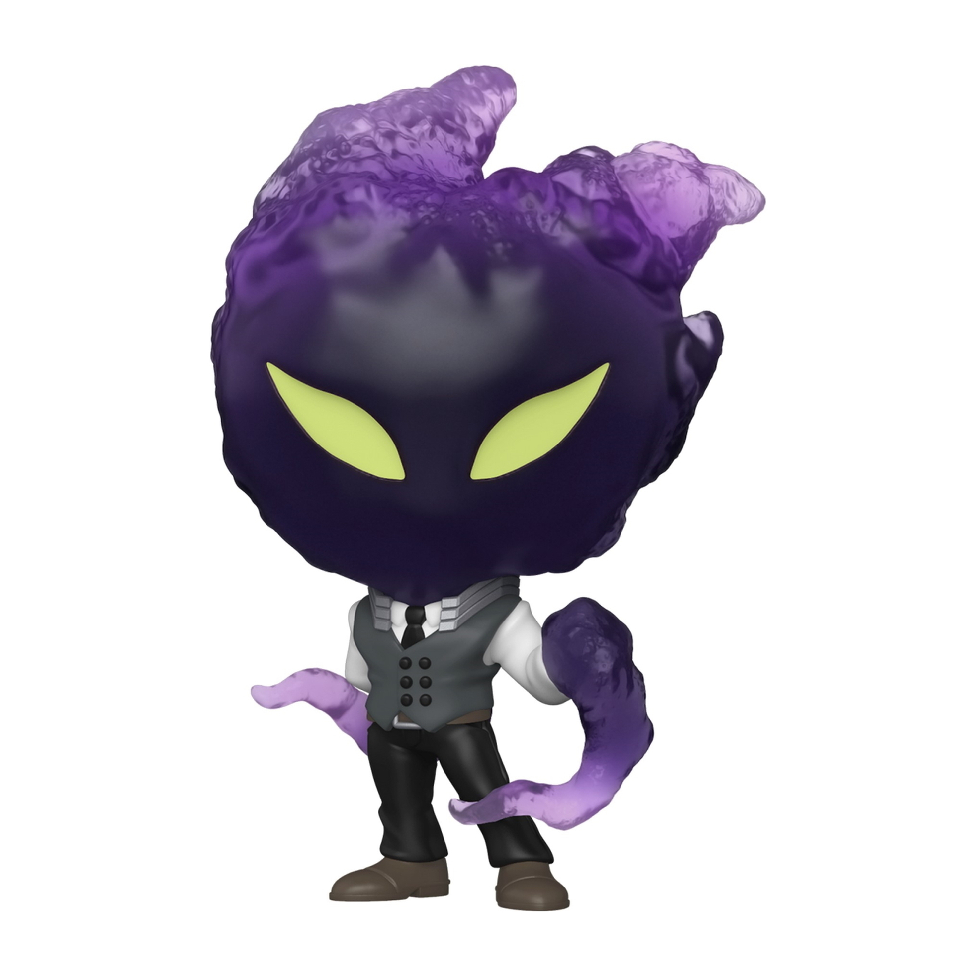 Figura de anime: una figura oscura con pelo morado en forma de llama, que lleva un traje.