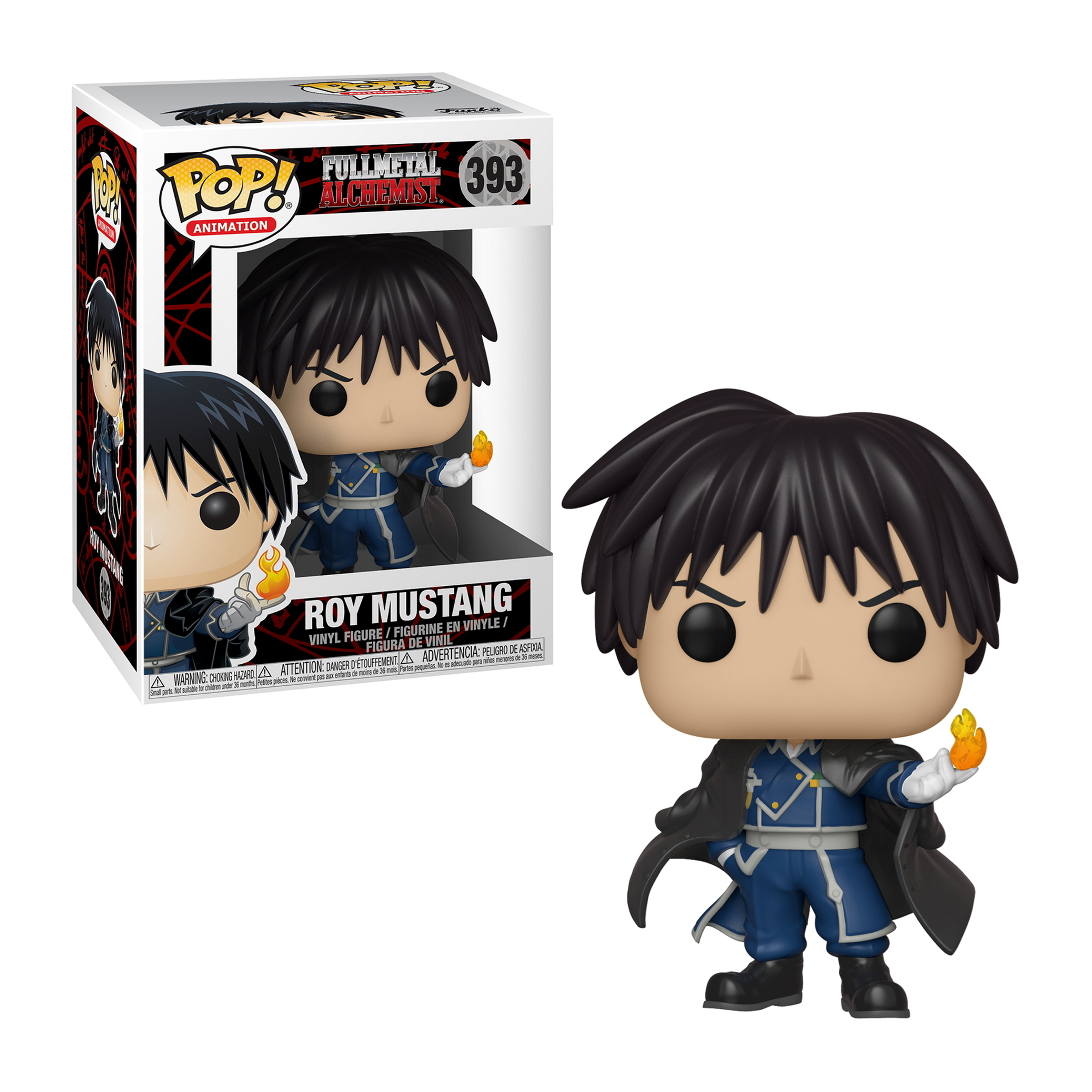 Figurka Roy Mustang Funko Pop. Czarne włosy, niebieski mundur, trzyma ogień i pudełko po lewej.