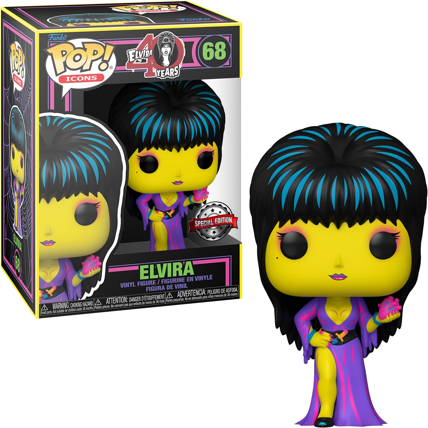 Funko Pop Figur von Elvira, einer Frau in einem schwarzen Kleid, und eine Box. Die Box hat Elviras Bild.