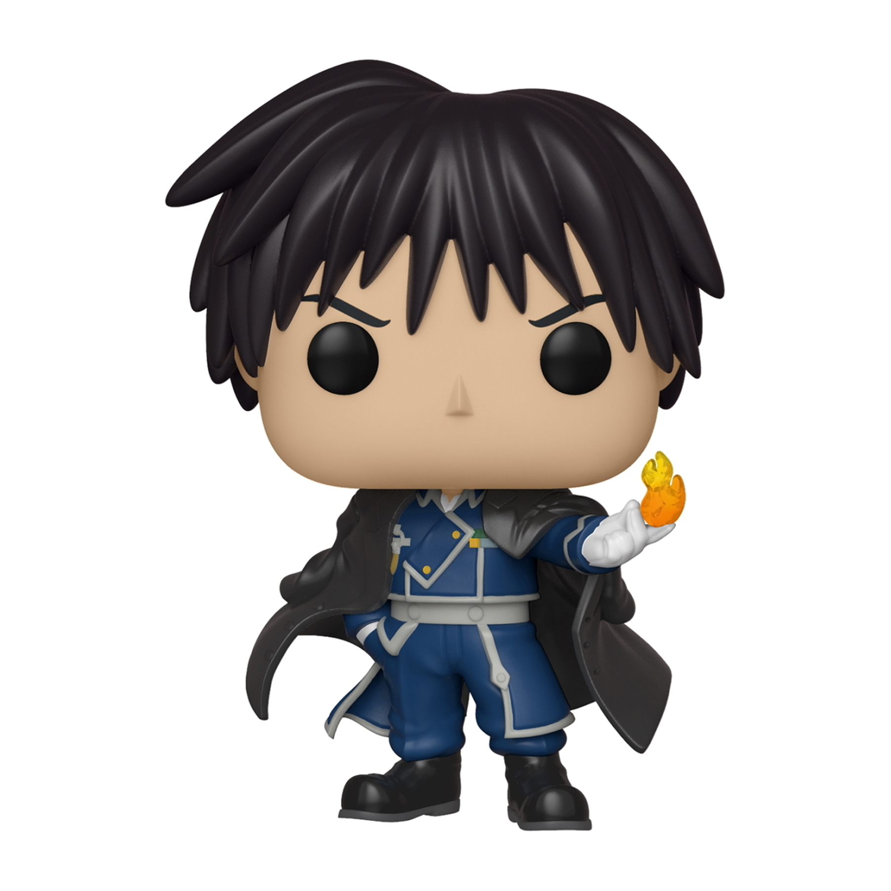 Figurka Funko Pop Roy Mustang. Czarne włosy, niebieski mundur, trzymający płomień.