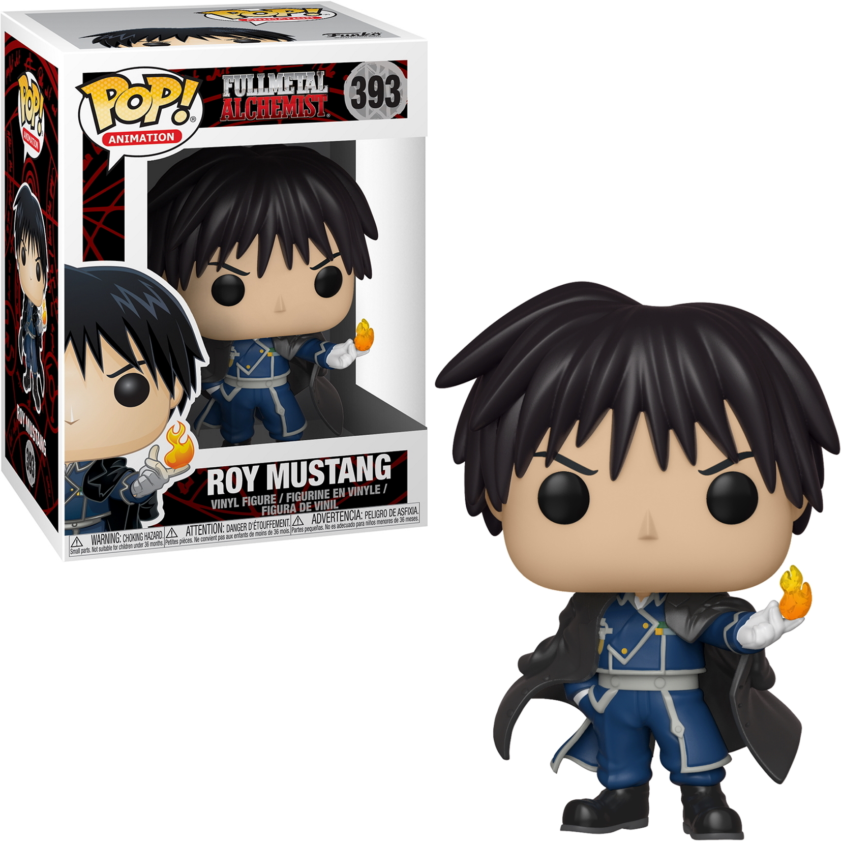 Roy Mustang z Fullmetal Alchemist Funko Pop! z efektem płomienia i czarnym płaszczem.