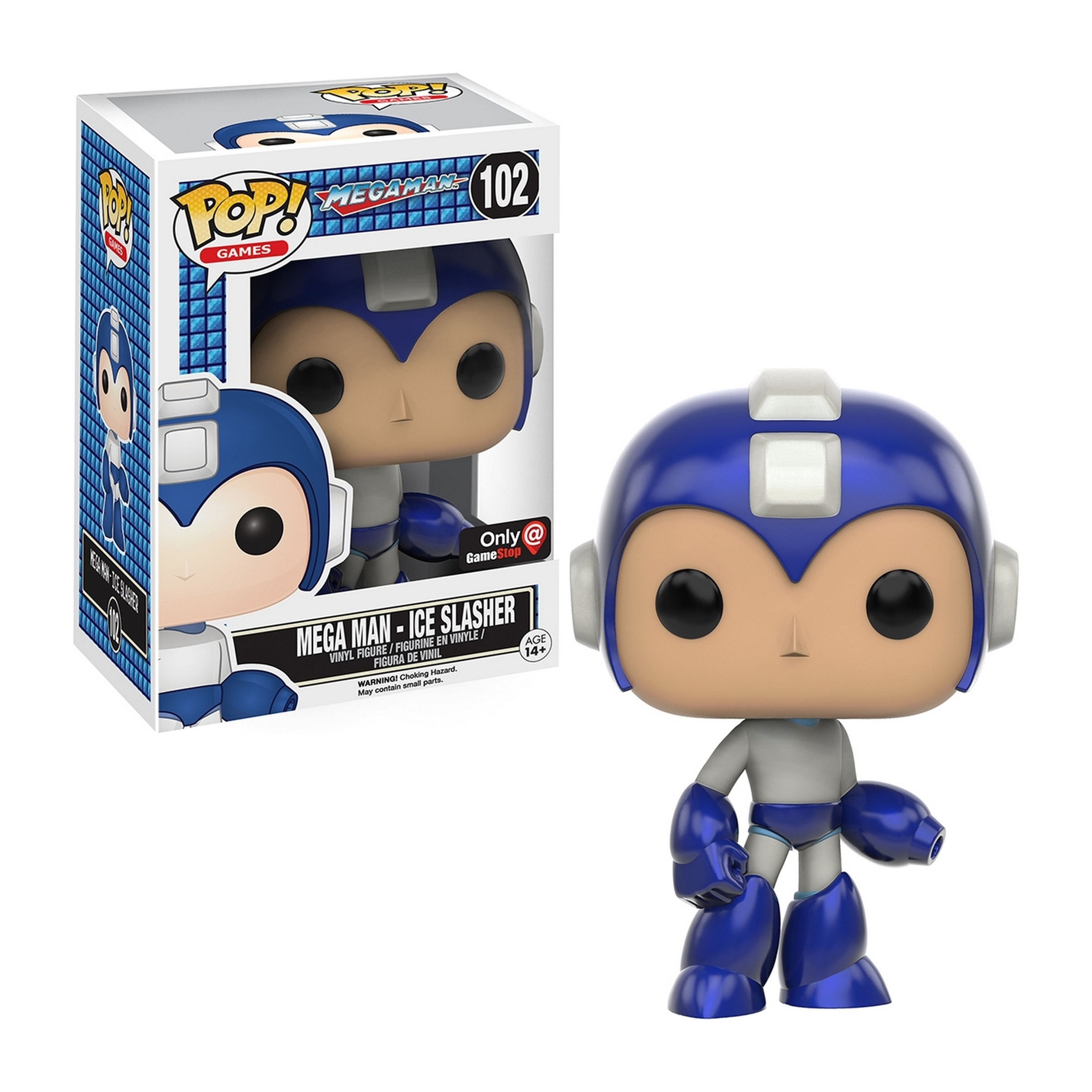 Mega Man Figur, blau und grau, in einer Box. Die Figur ist eine Funko Pop.