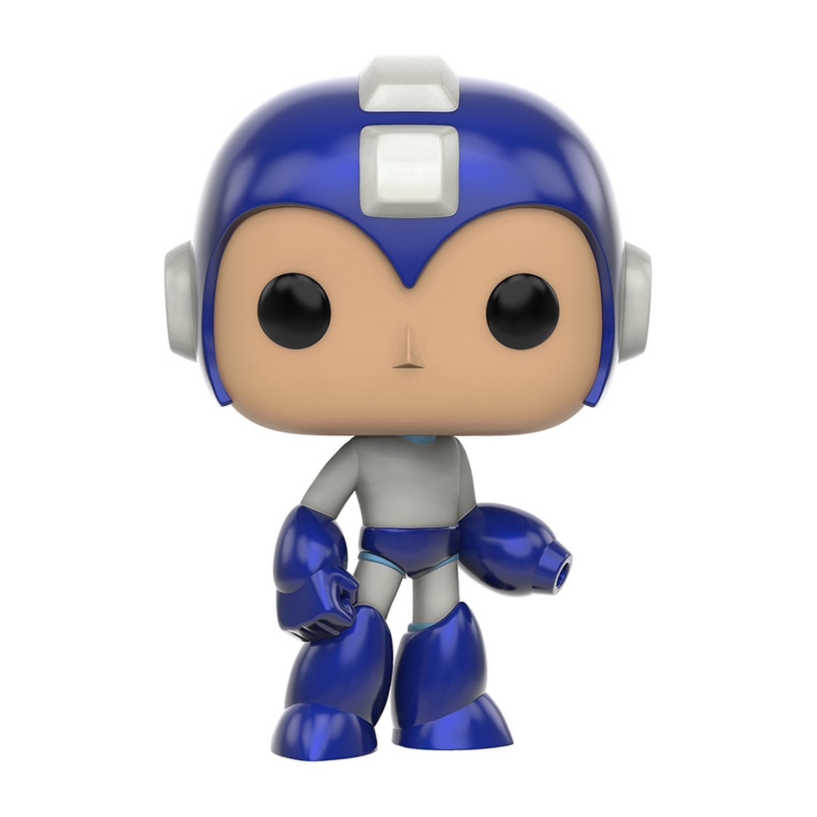 Eine blaue Mega Man Funko Pop-Figur auf weißem Hintergrund. Es hat einen großen Kopf und blaue Rüstung.