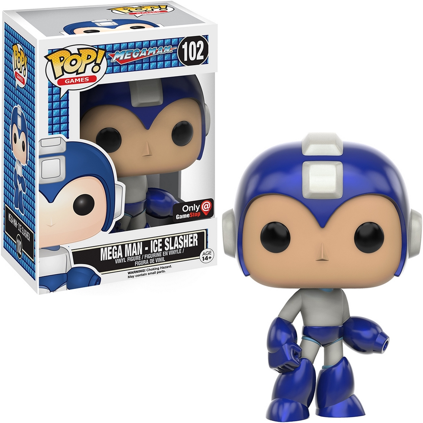 Mega Man Funko Pop-Figur mit Box, in Blau- und Grautönen.