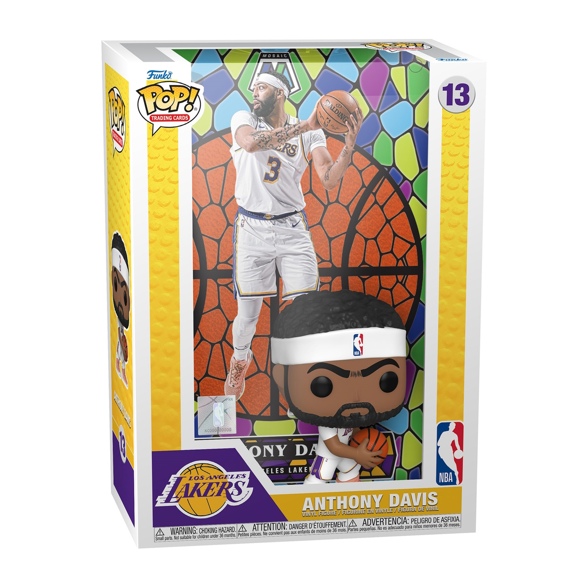 Anthony Davis Funko Pop Figur in Box. Hält Basketball. Lakers Trikot. Hintergrund Buntglas.